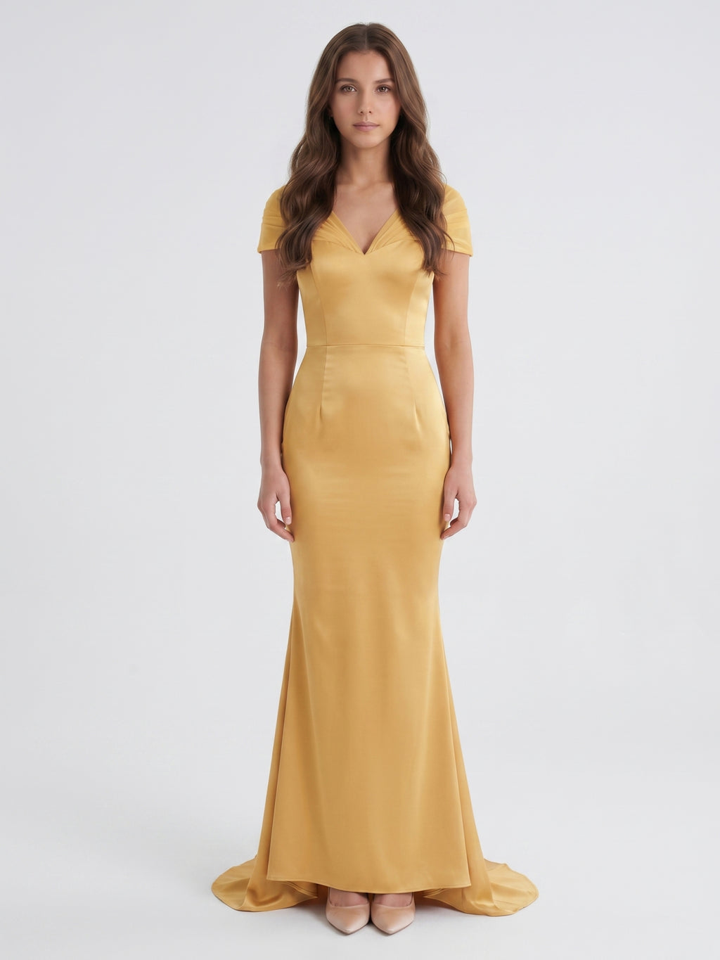 Gold Satin Mermaid V-Neck Back-Zip Floor-Length Bridesmaid Dress