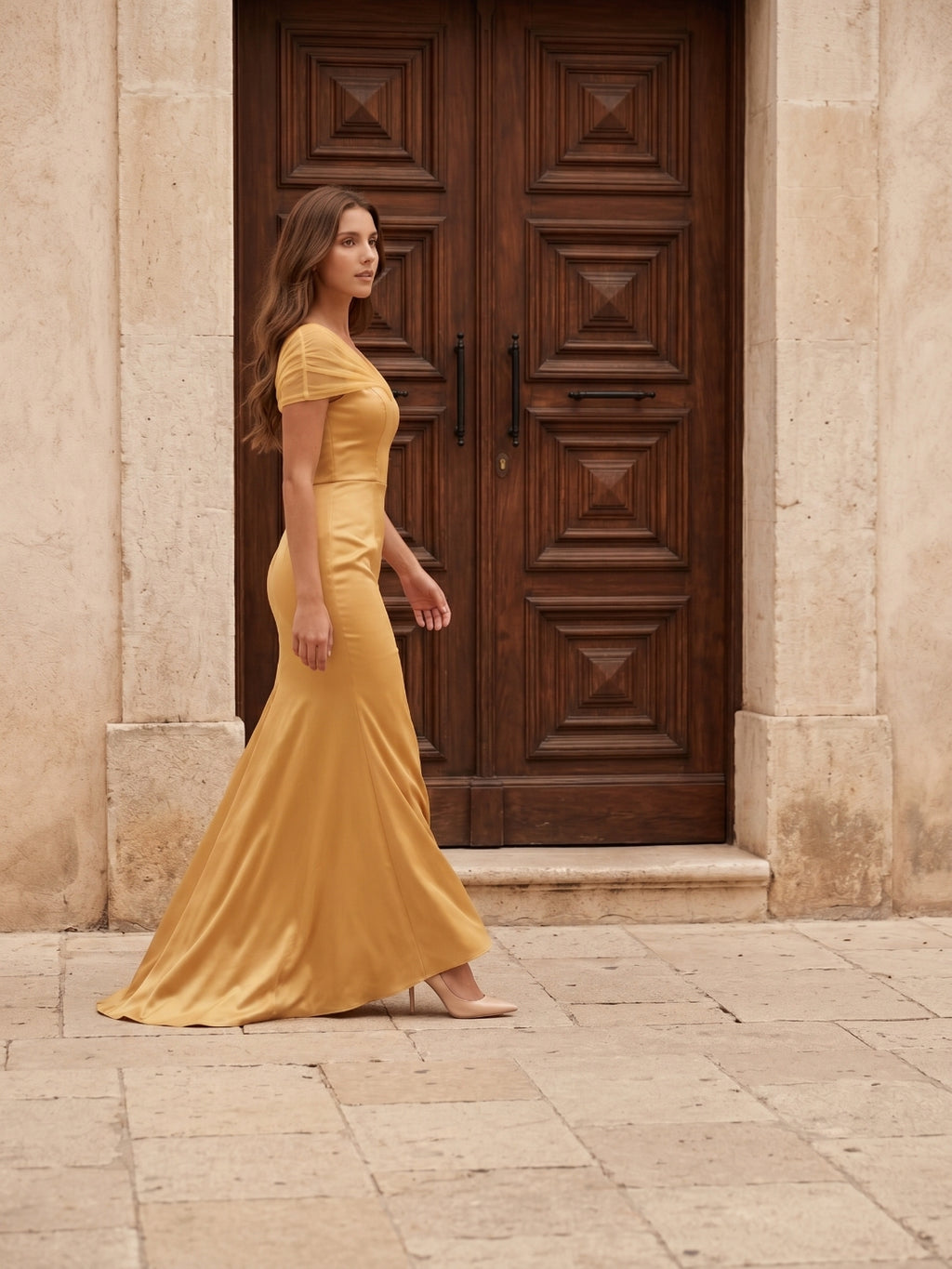 Gold Satin Mermaid V-Neck Back-Zip Floor-Length Bridesmaid Dress