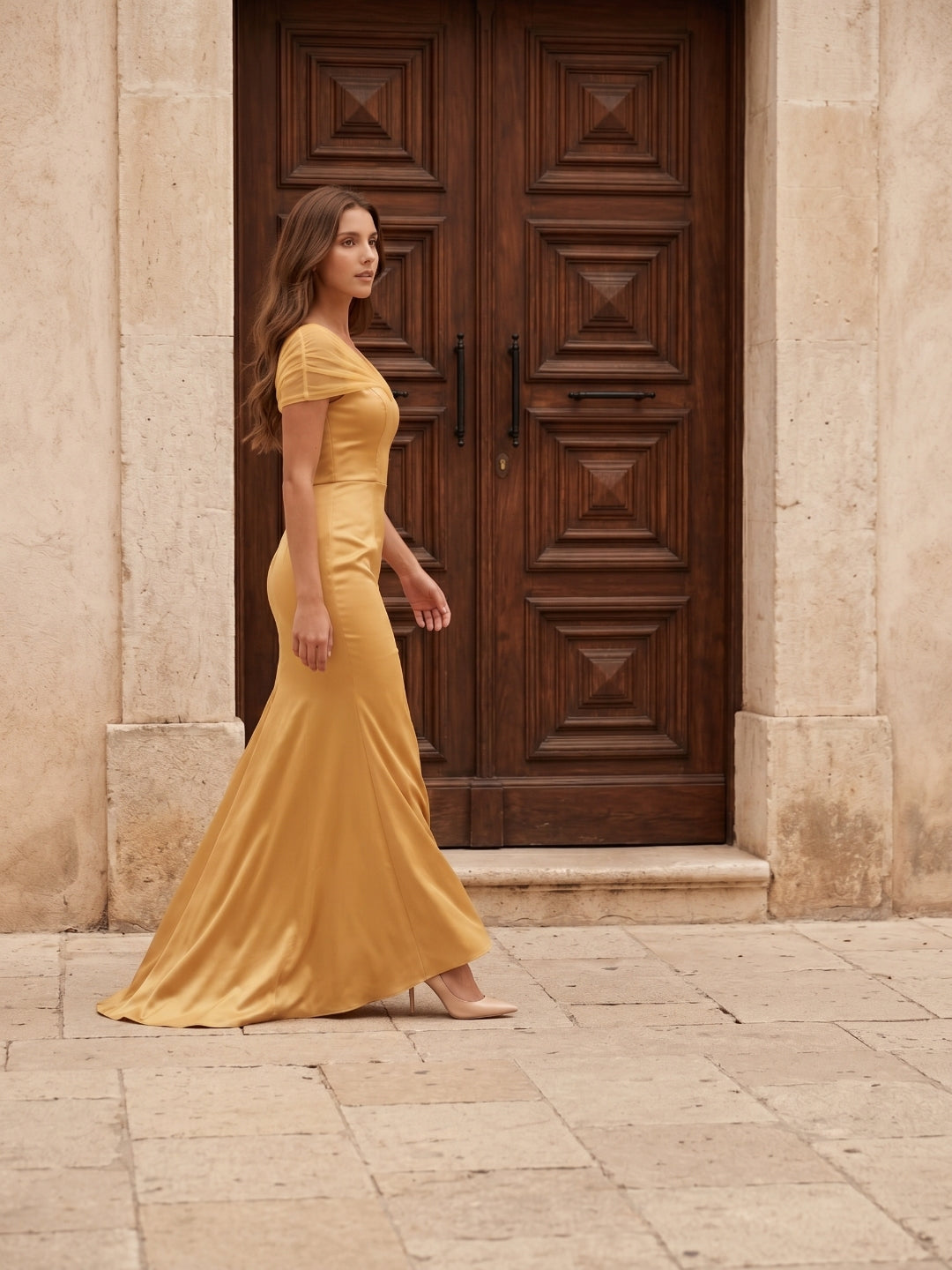 Gold Satin Mermaid V-Neck Back-Zip Floor-Length Bridesmaid Dress