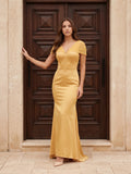 Gold Satin Mermaid V-Neck Back-Zip Floor-Length Bridesmaid Dress