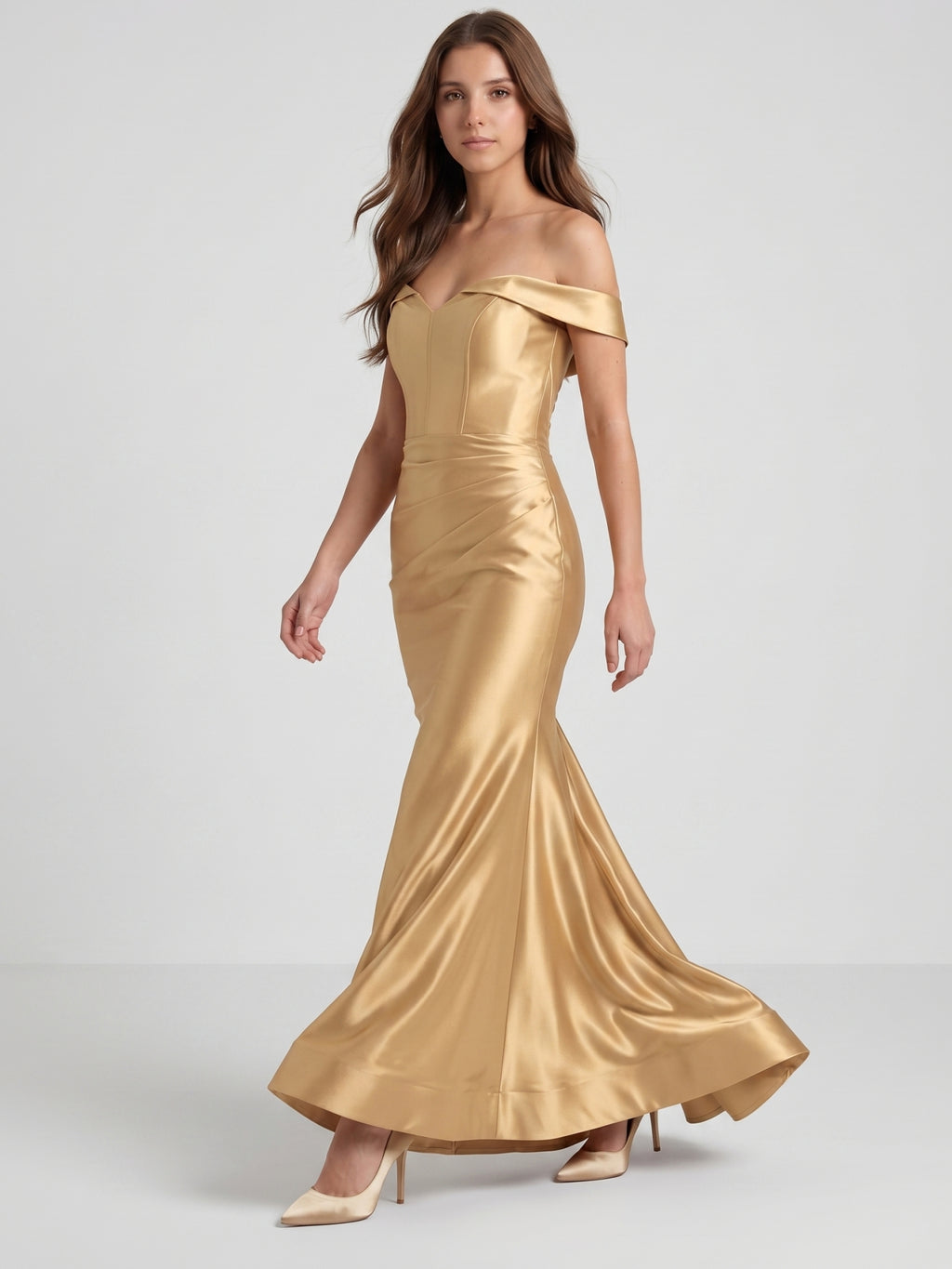 Gold Satin column Off-the-Shoulder Corset Back Floor-Length Bridesmaid Dress