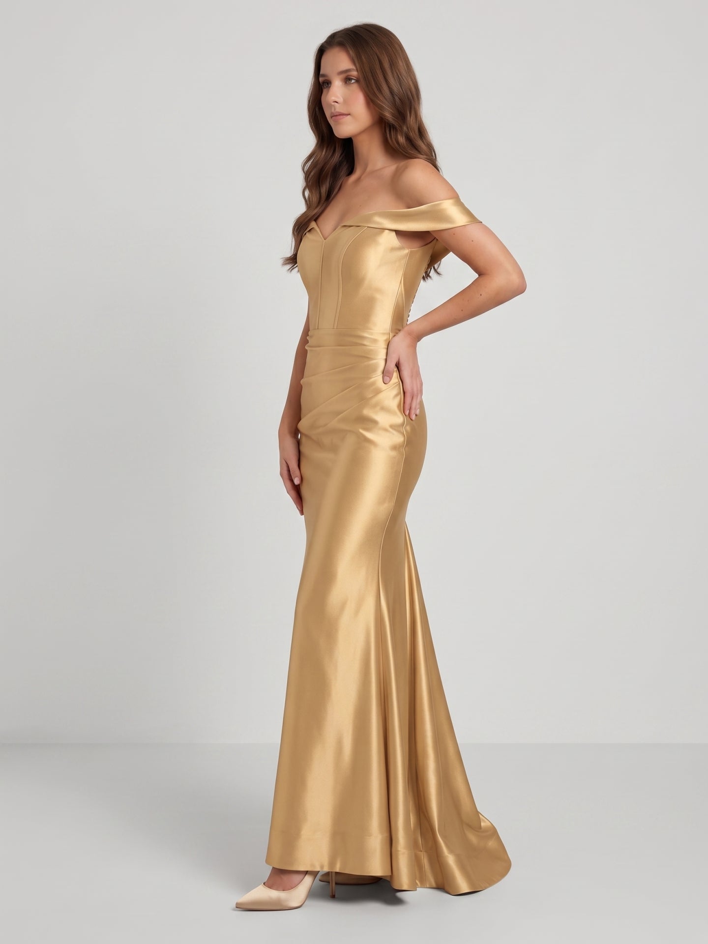Gold Satin column Off-the-Shoulder Corset Back Floor-Length Bridesmaid Dress