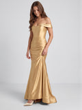 Gold Satin column Off-the-Shoulder Corset Back Floor-Length Bridesmaid Dress