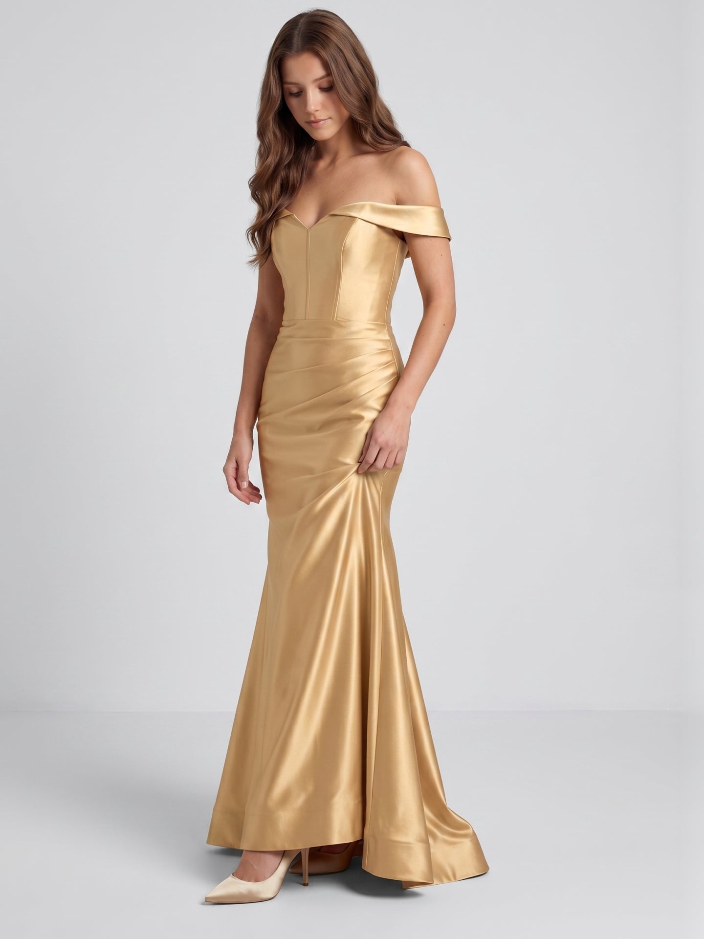 Gold Satin column Off-the-Shoulder Corset Back Floor-Length Bridesmaid Dress