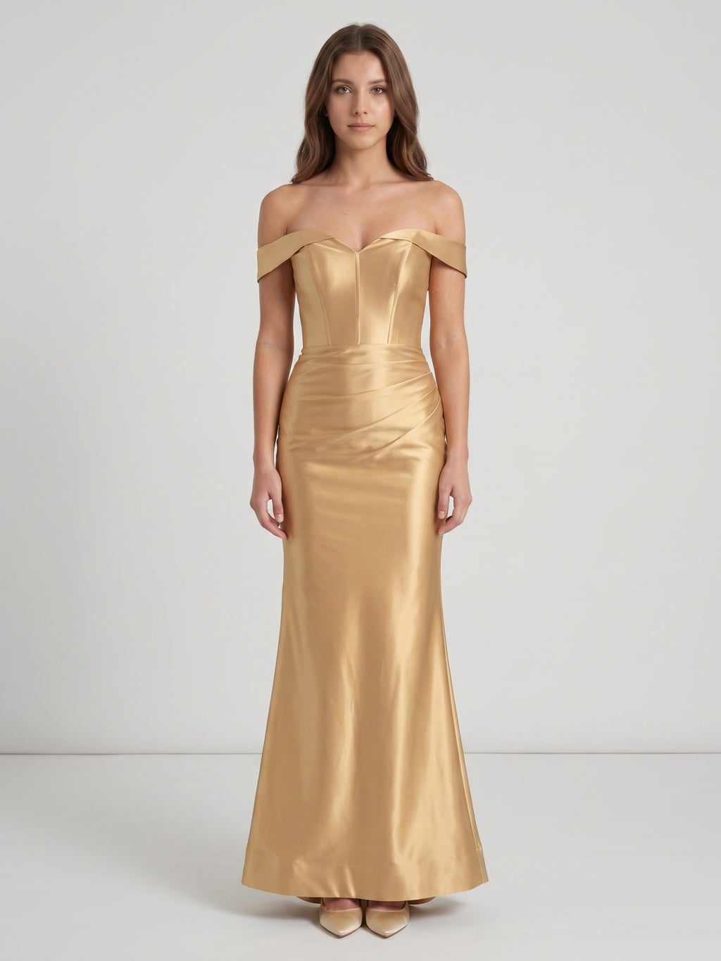 Gold Satin column Off-the-Shoulder Corset Back Floor-Length Bridesmaid Dress