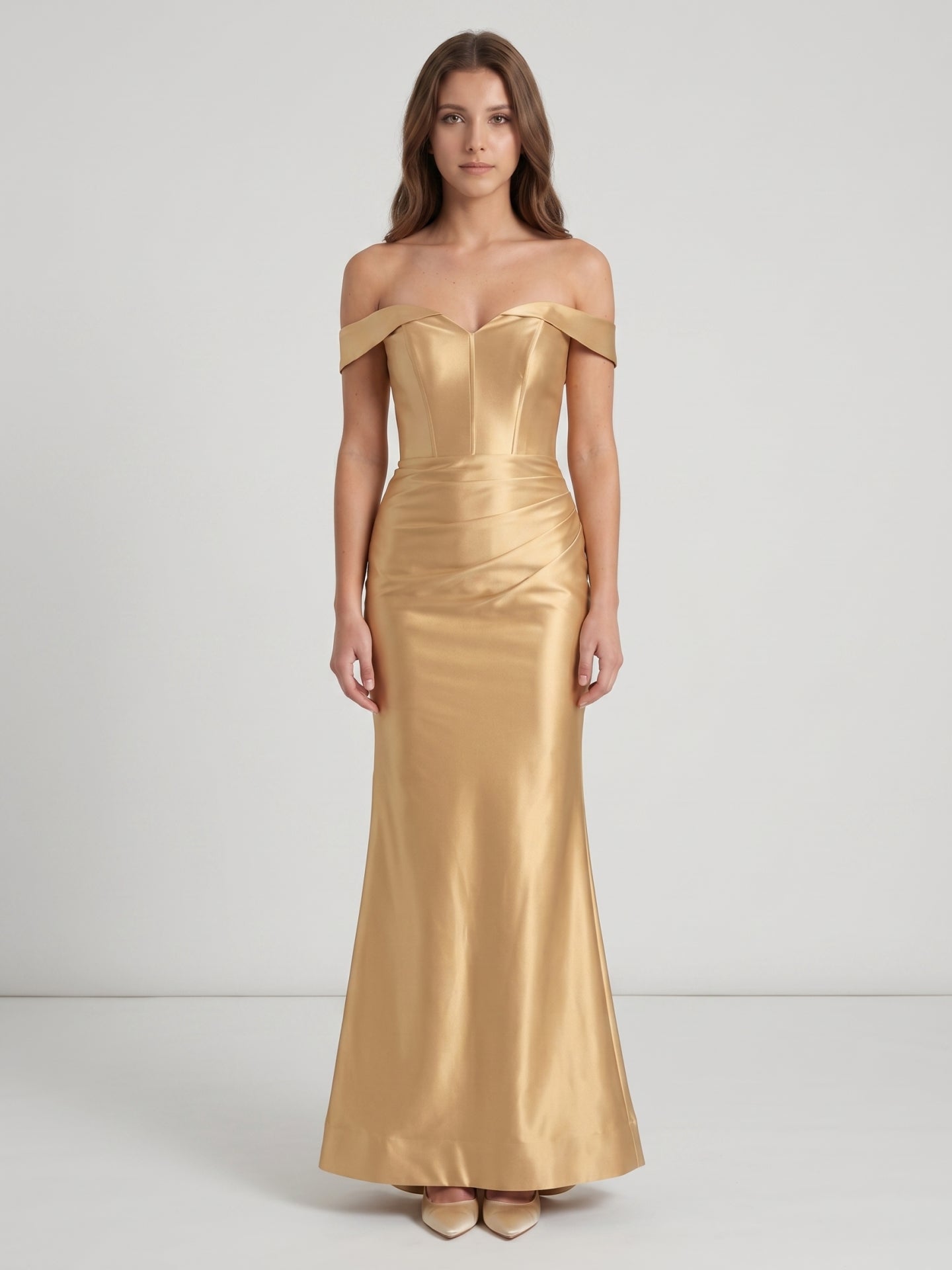 Gold Satin column Off-the-Shoulder Corset Back Floor-Length Bridesmaid Dress