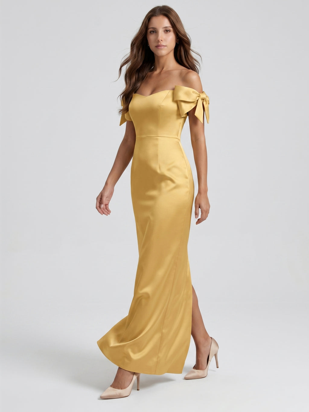 Gold Satin Sheath Off-the-Shoulder Floor-Length Bridesmaid Dress with Bow