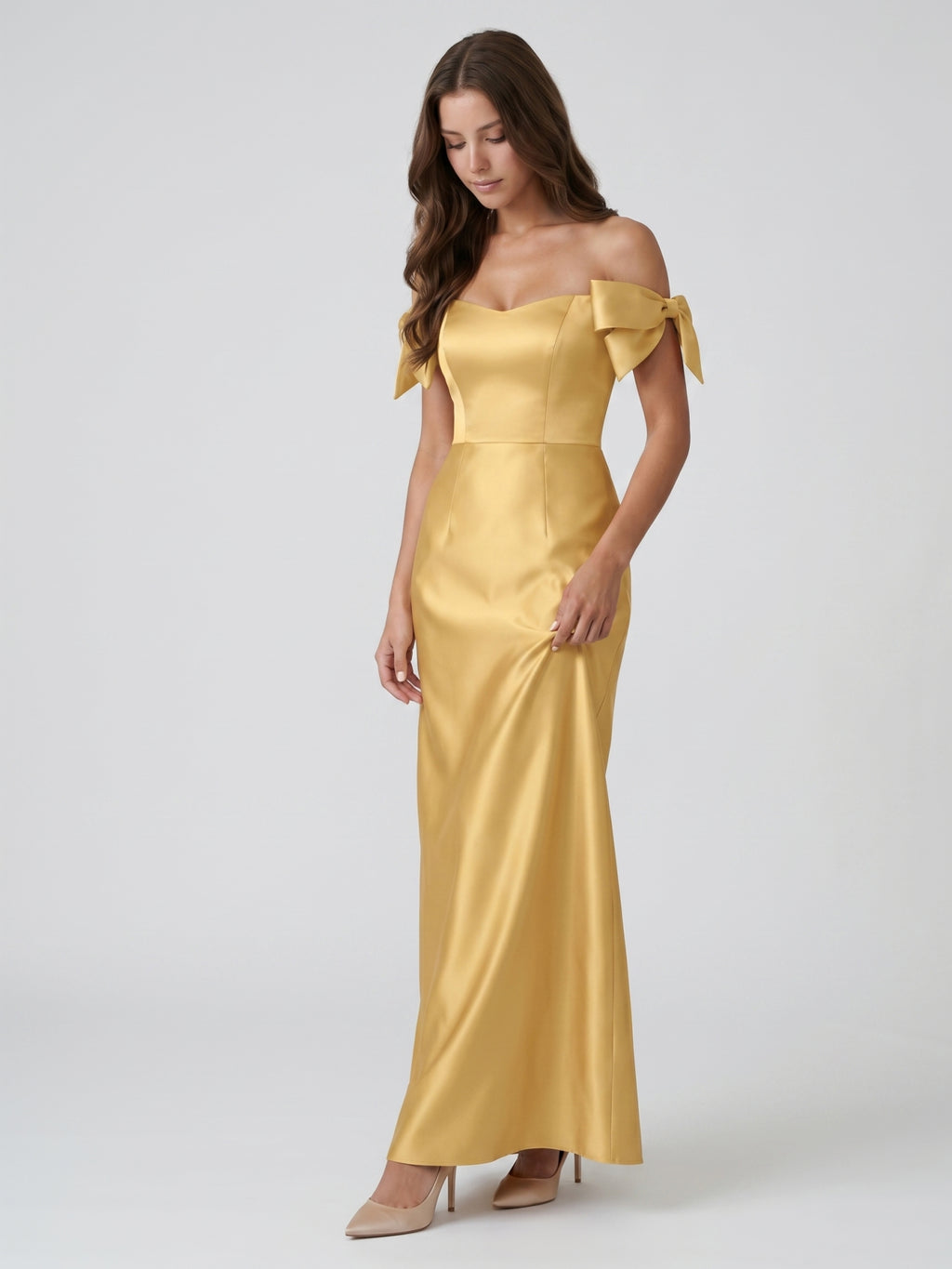 Gold Satin Sheath Off-the-Shoulder Floor-Length Bridesmaid Dress with Bow