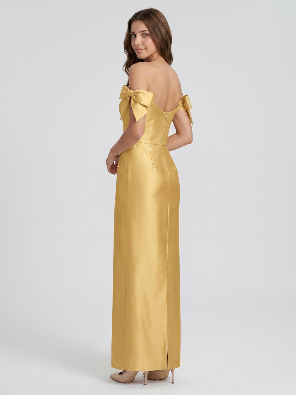Gold Satin Sheath Off-the-Shoulder Floor-Length Bridesmaid Dress with Bow