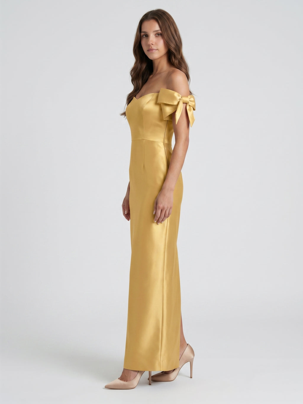 Gold Satin Sheath Off-the-Shoulder Floor-Length Bridesmaid Dress with Bow