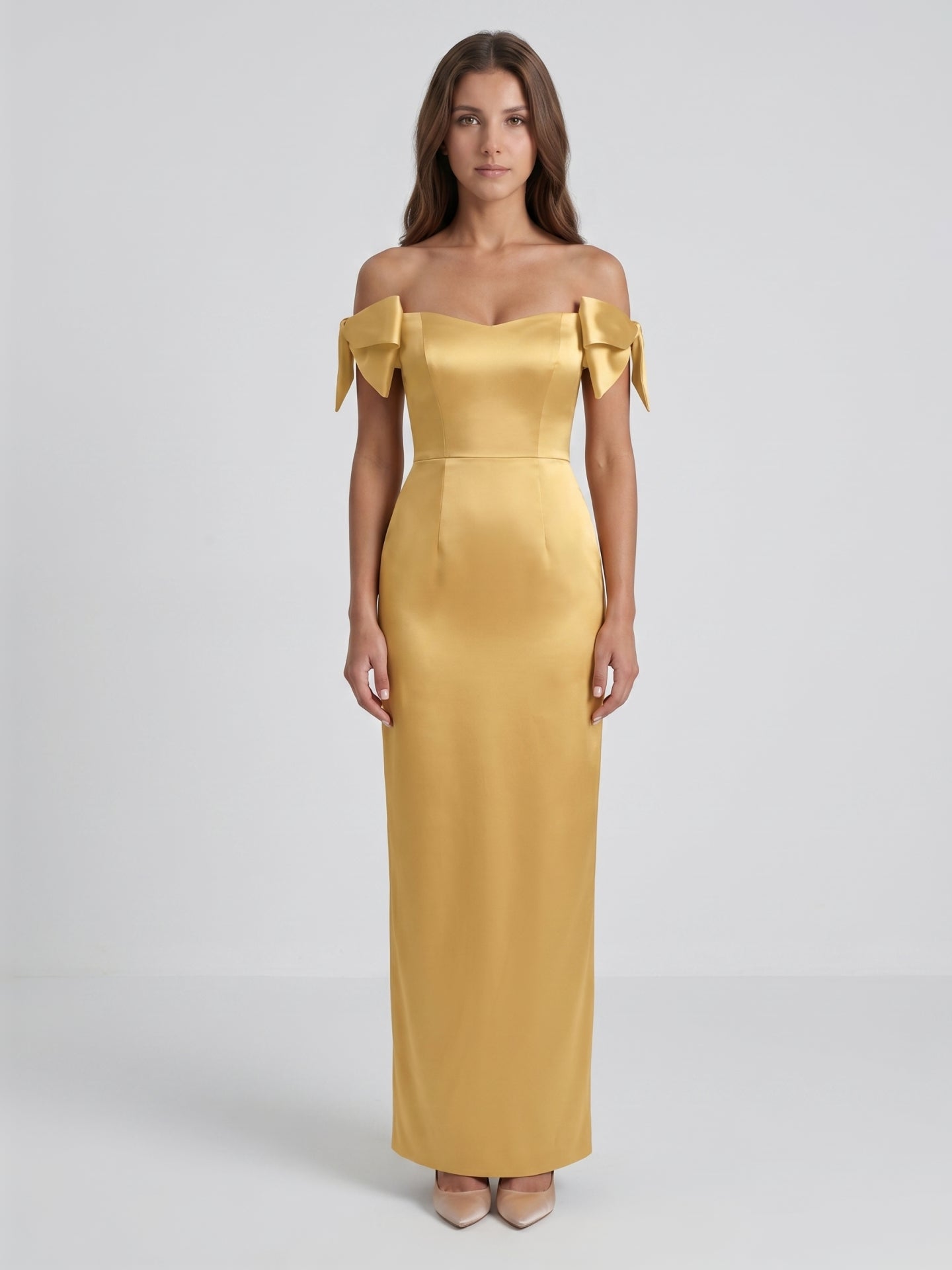 Gold Satin Sheath Off-the-Shoulder Floor-Length Bridesmaid Dress with Bow