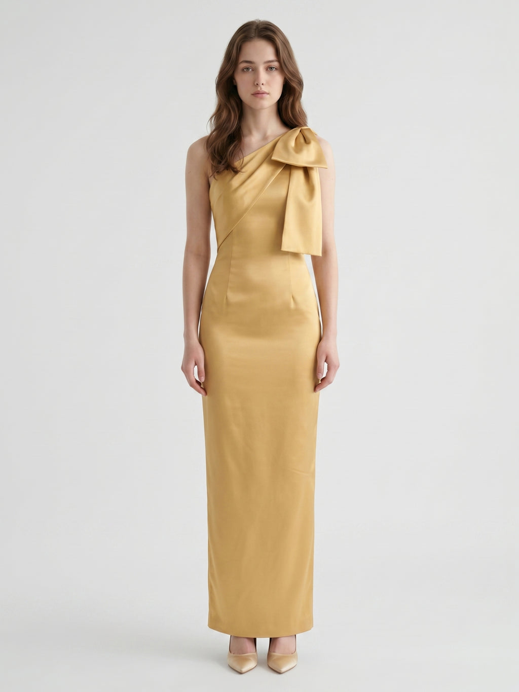 Gold Satin column One-Shoulder Side-Zip Floor-Length Bridesmaid Dress with Bow