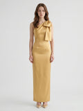 Gold Satin column One-Shoulder Side-Zip Floor-Length Bridesmaid Dress with Bow