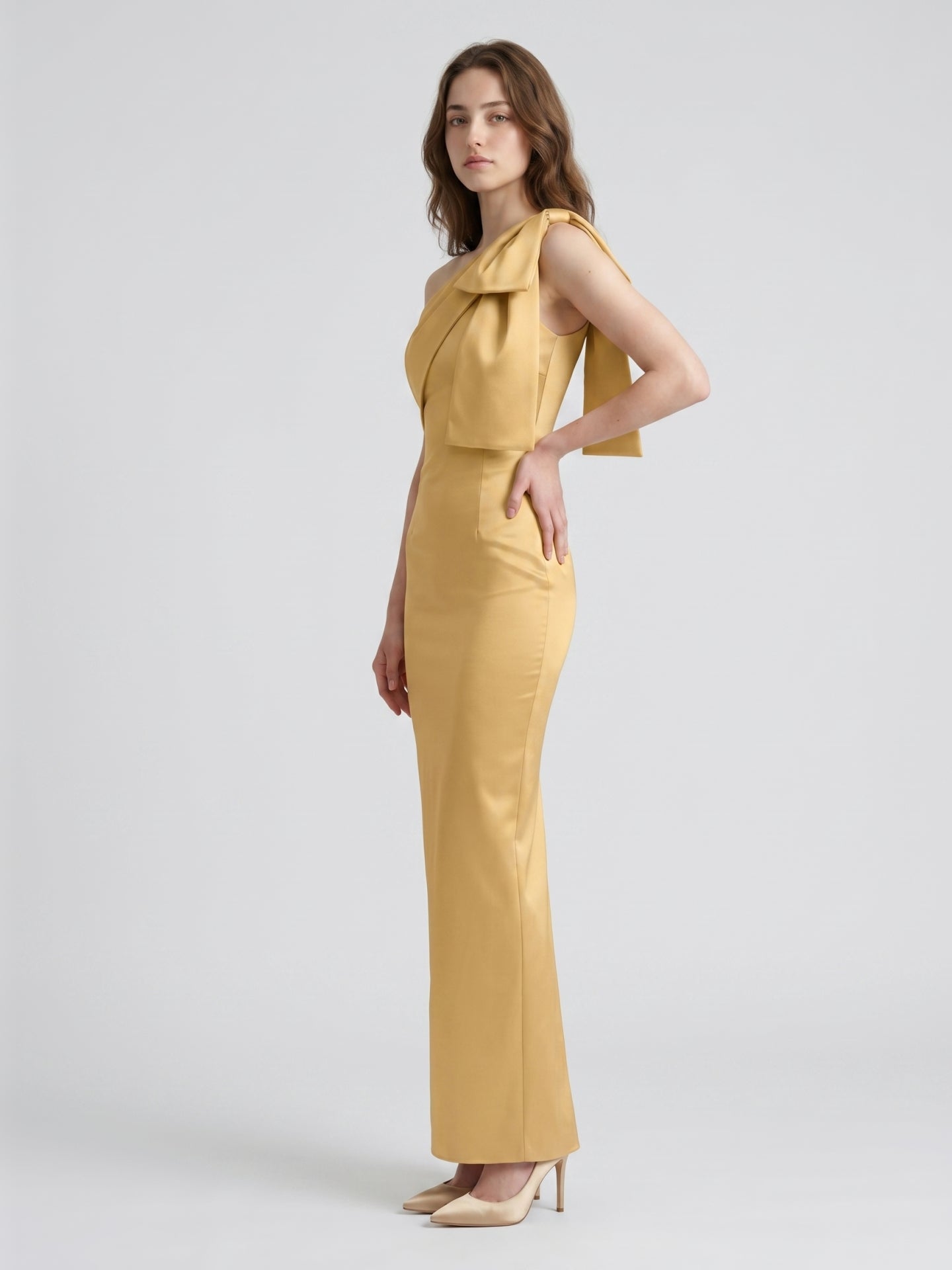Gold Satin column One-Shoulder Side-Zip Floor-Length Bridesmaid Dress with Bow