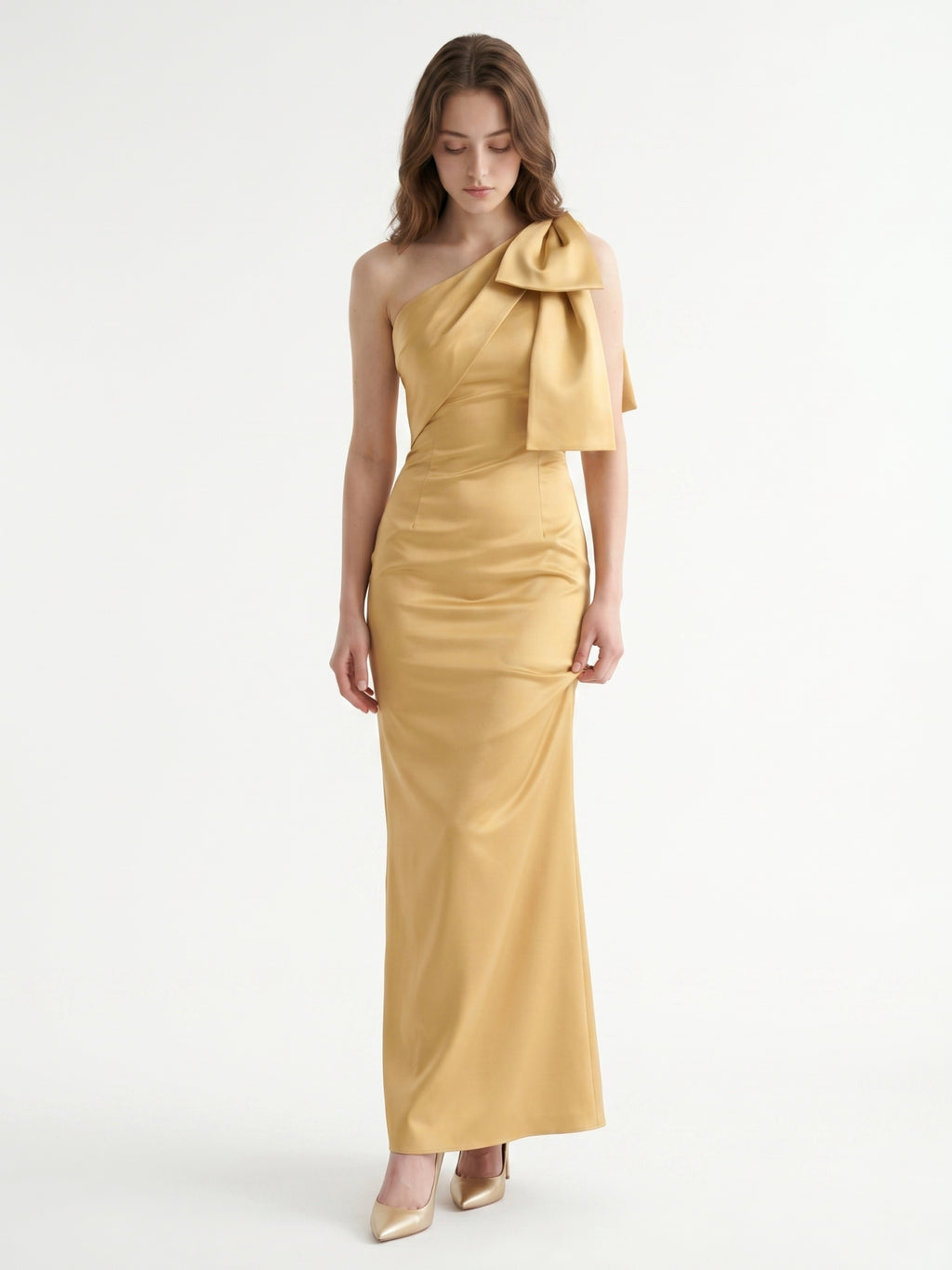 Gold Satin column One-Shoulder Side-Zip Floor-Length Bridesmaid Dress with Bow