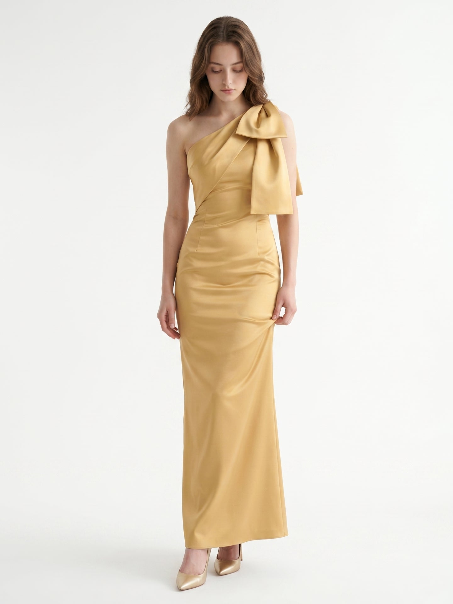 Gold Satin column One-Shoulder Side-Zip Floor-Length Bridesmaid Dress with Bow