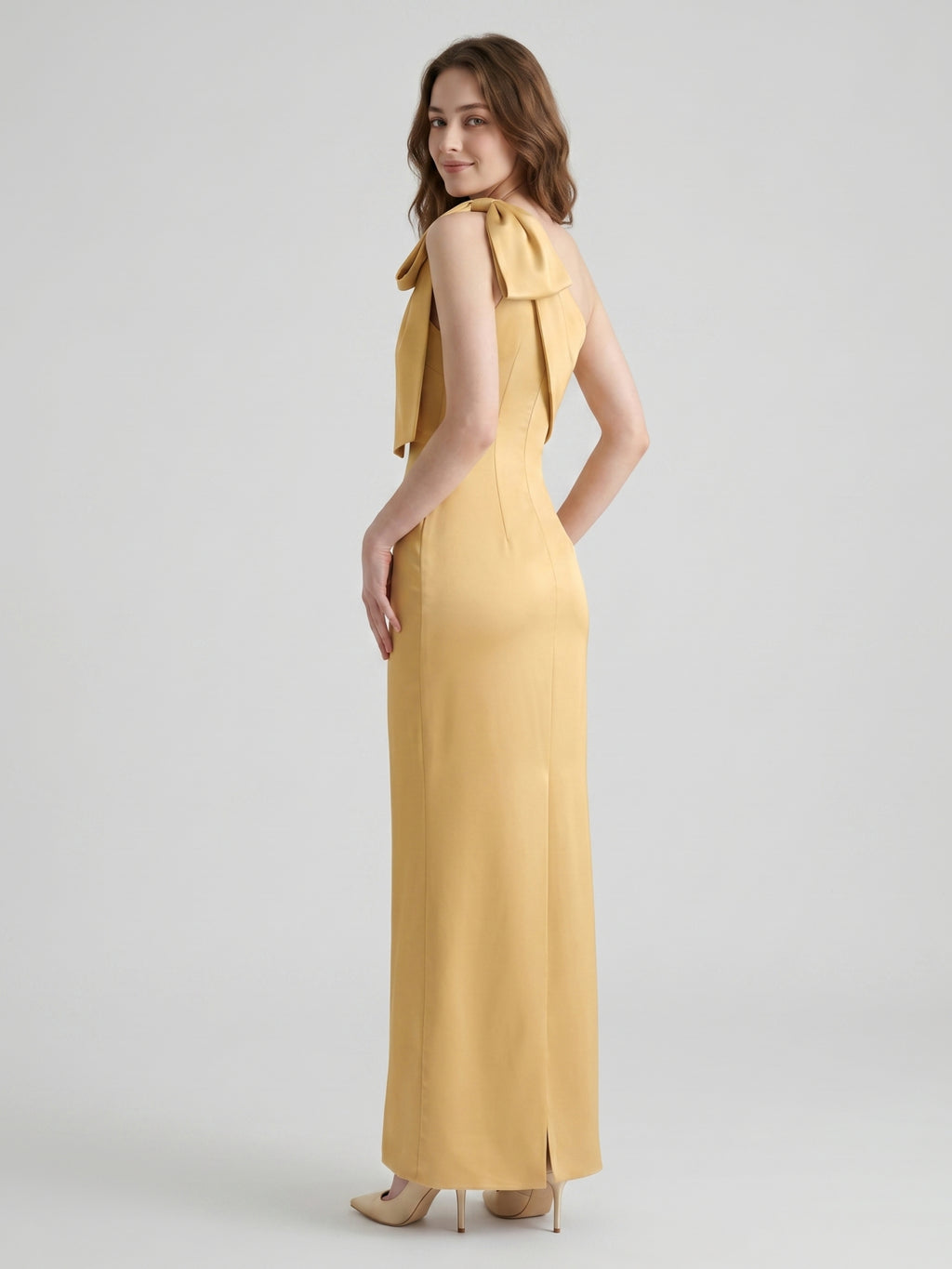 Gold Satin column One-Shoulder Side-Zip Floor-Length Bridesmaid Dress with Bow