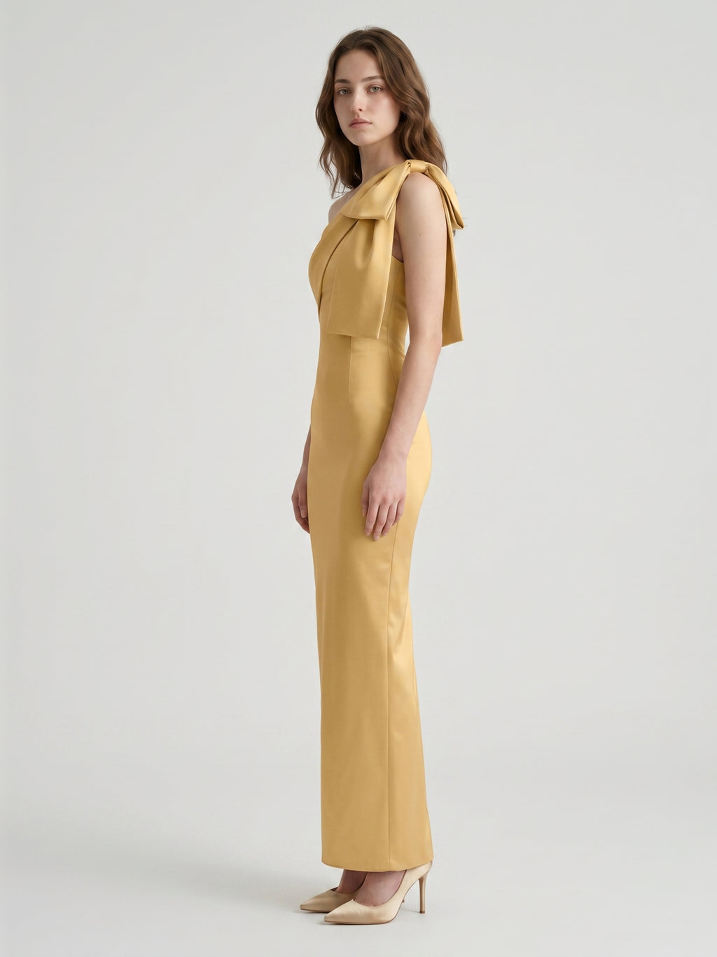 Gold Satin column One-Shoulder Side-Zip Floor-Length Bridesmaid Dress with Bow