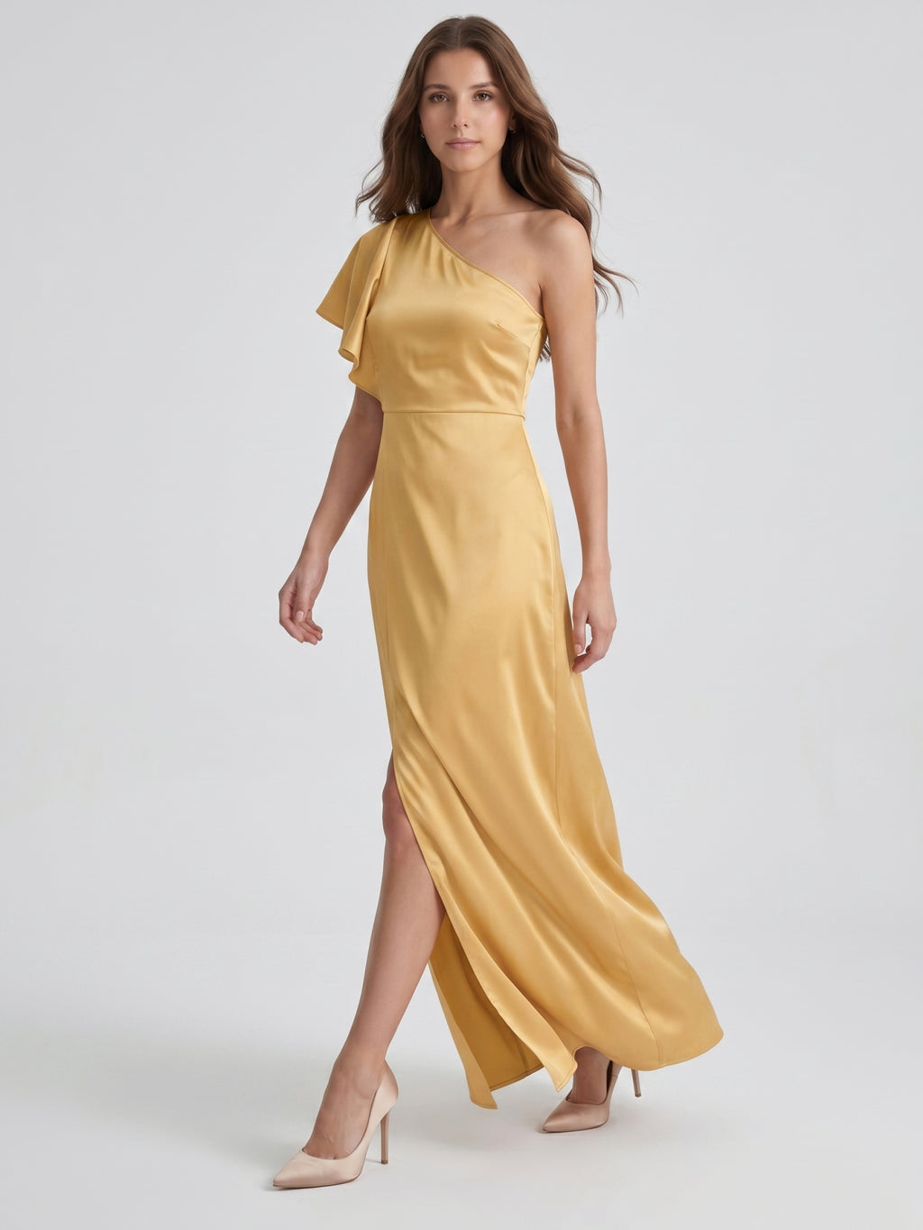 Gold Satin Sheath One Shoulder Floor-Length Bridesmaid Dress