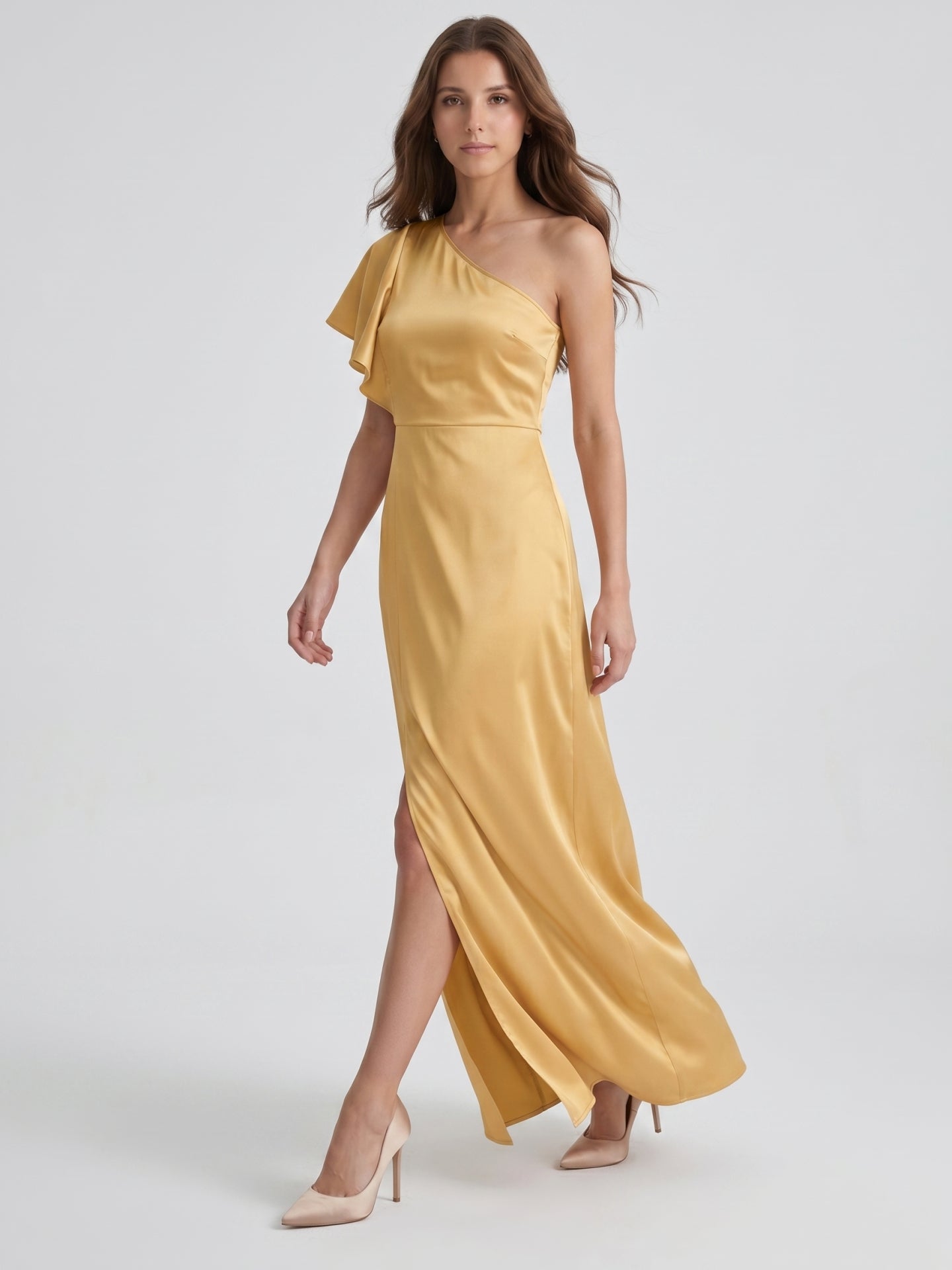 Gold Satin Sheath One Shoulder Floor-Length Bridesmaid Dress