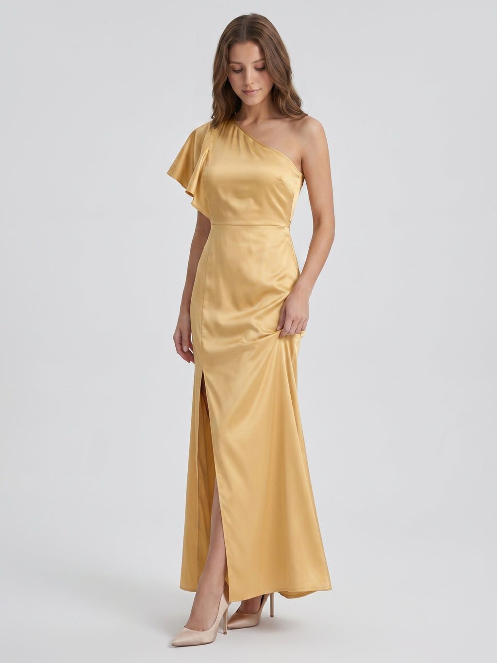 Gold Satin Sheath One Shoulder Floor-Length Bridesmaid Dress