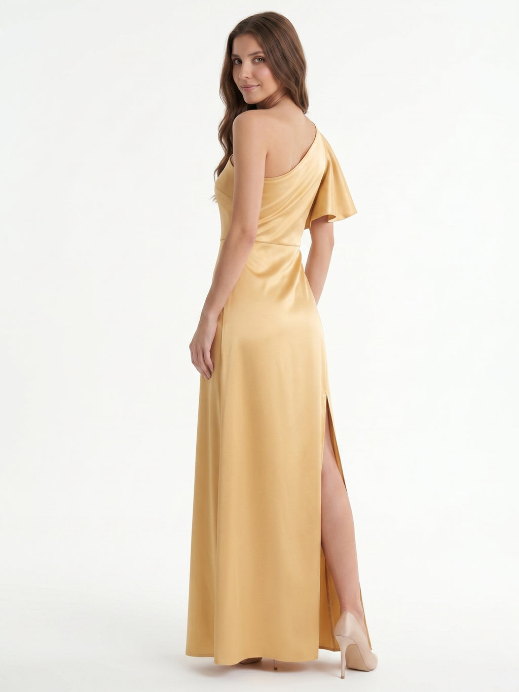 Gold Satin Sheath One Shoulder Floor-Length Bridesmaid Dress