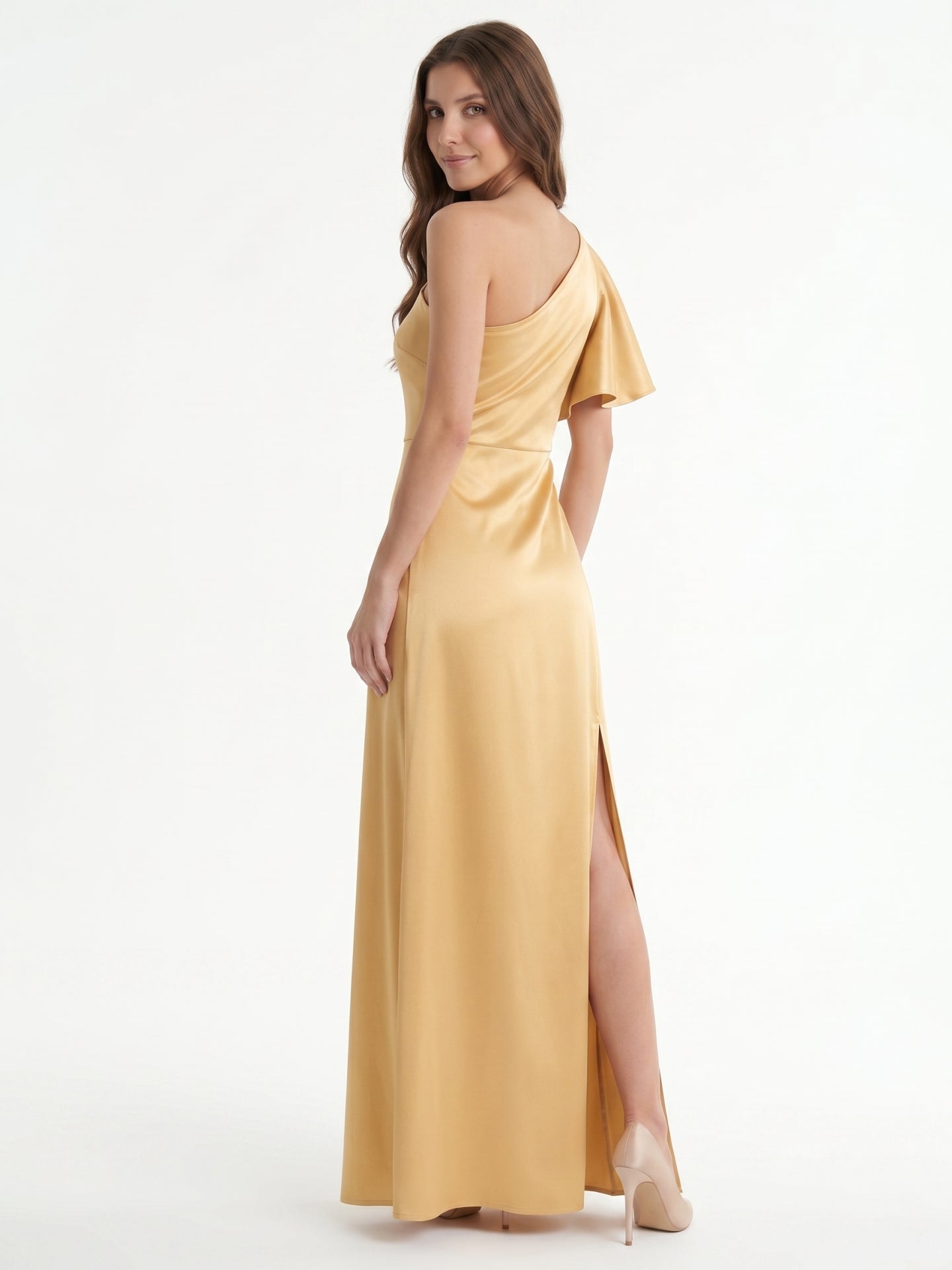 Gold Satin Sheath One Shoulder Floor-Length Bridesmaid Dress