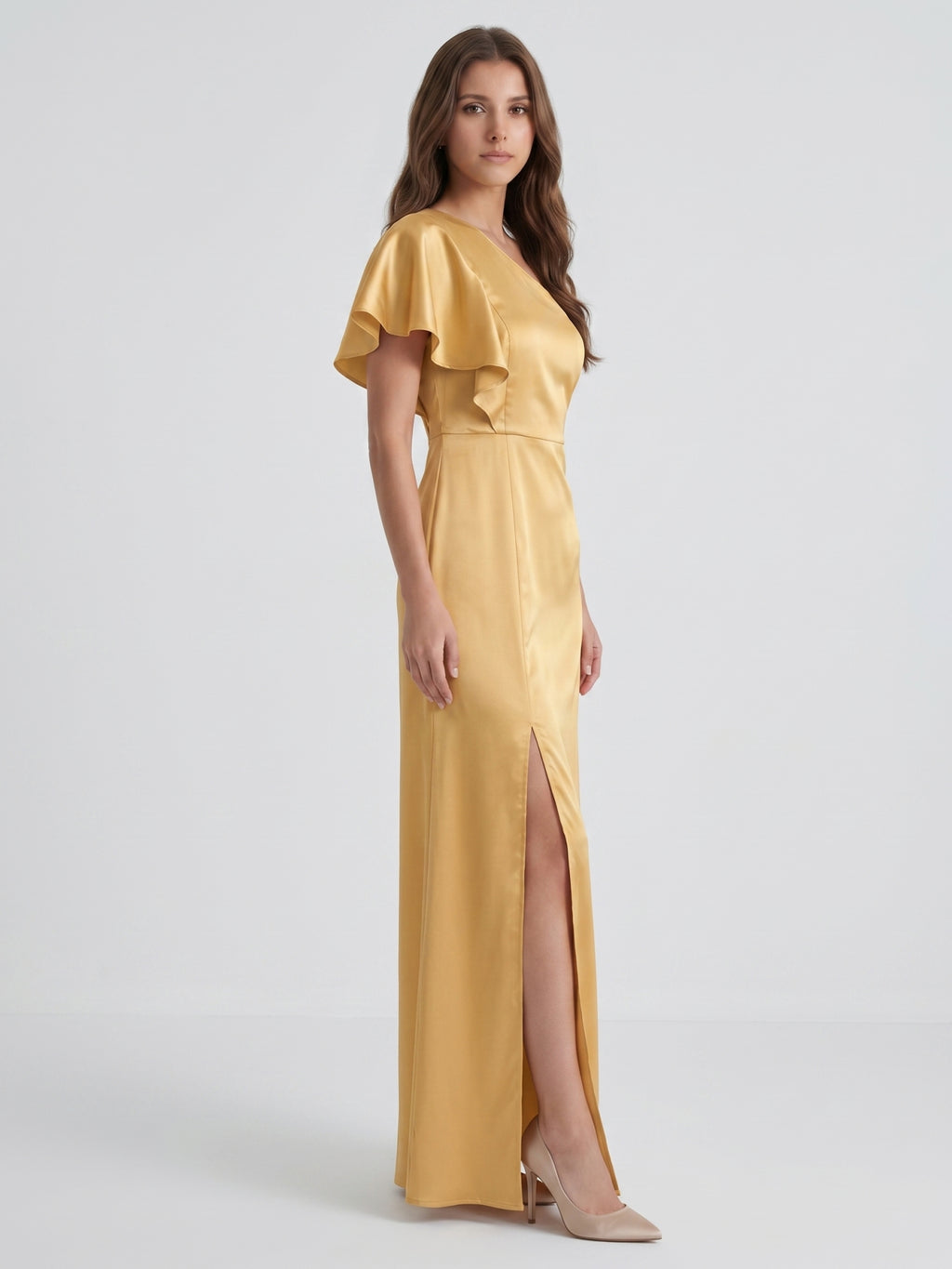 Gold Satin Sheath One Shoulder Floor-Length Bridesmaid Dress
