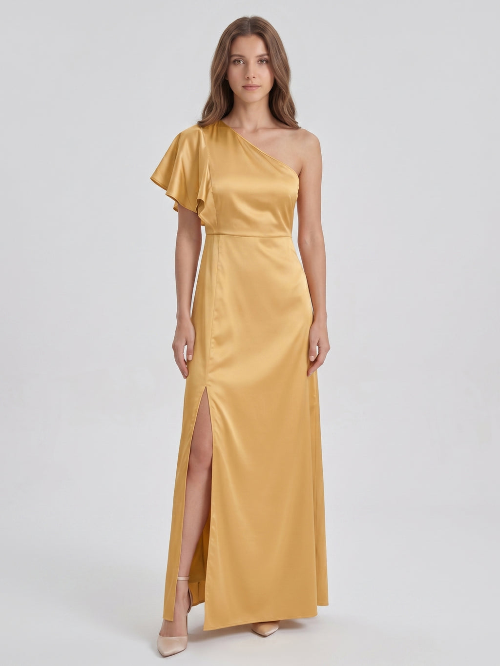Gold Satin Sheath One Shoulder Floor-Length Bridesmaid Dress