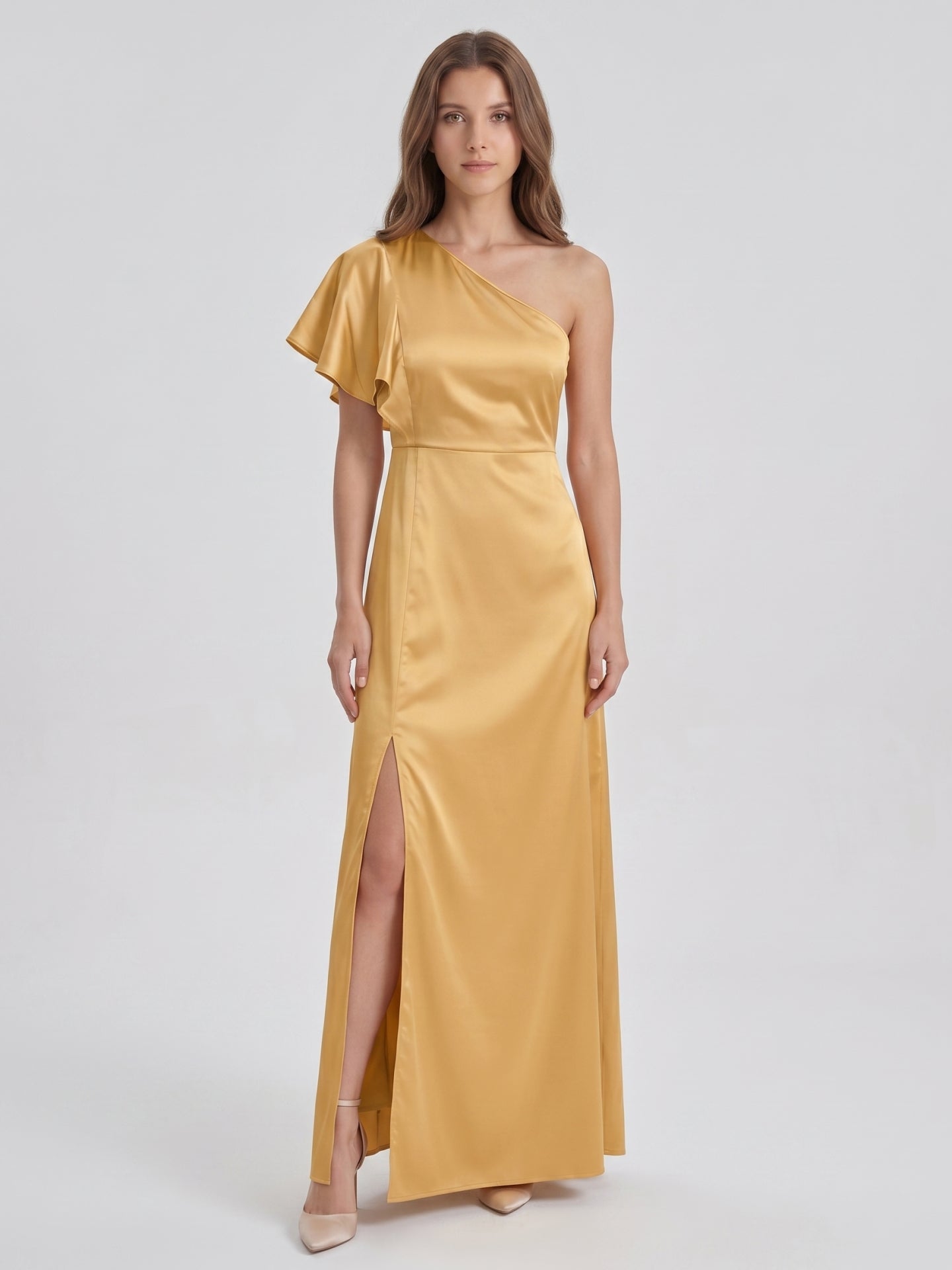 Gold Satin Sheath One Shoulder Floor-Length Bridesmaid Dress