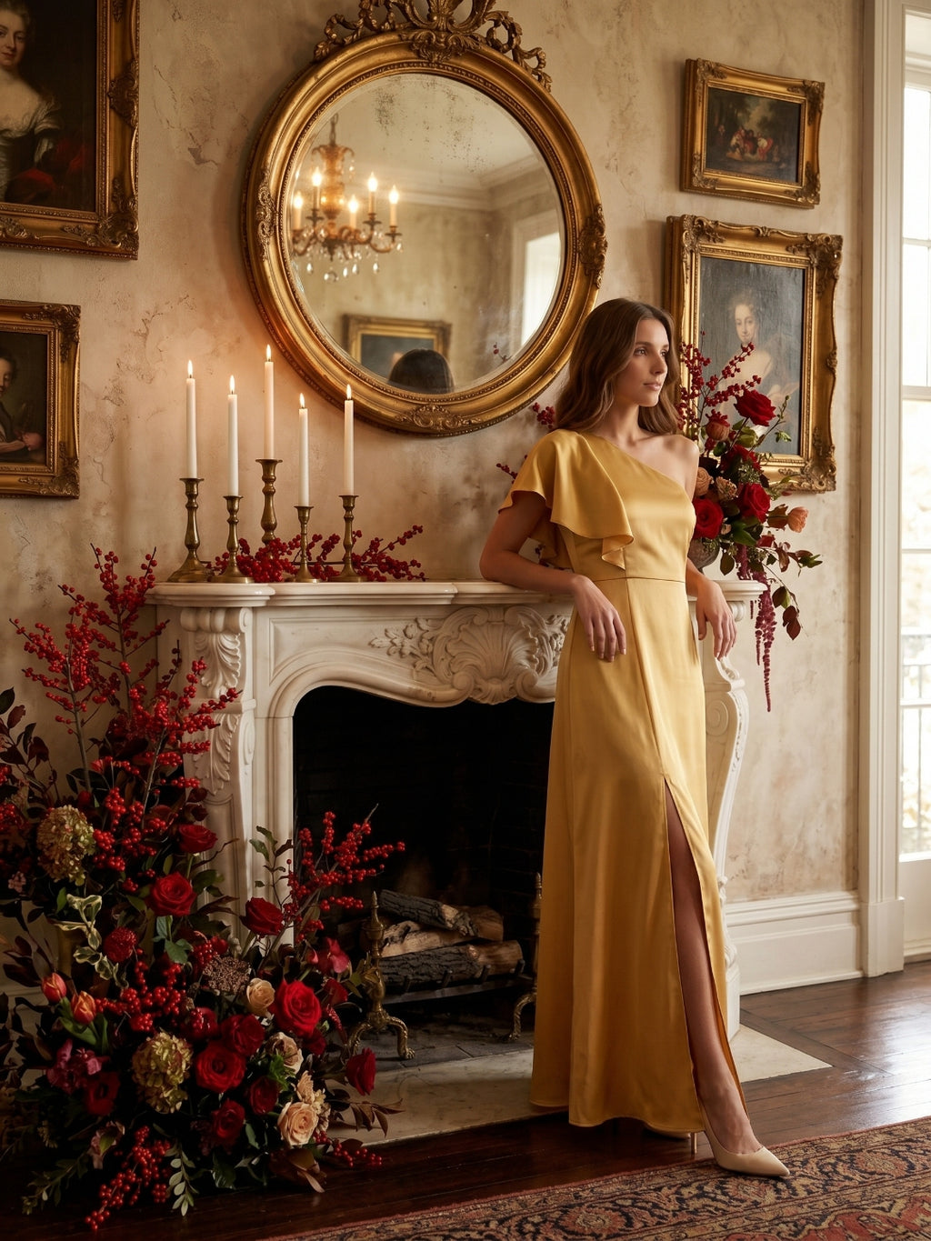 Gold Satin Sheath One Shoulder Floor-Length Bridesmaid Dress