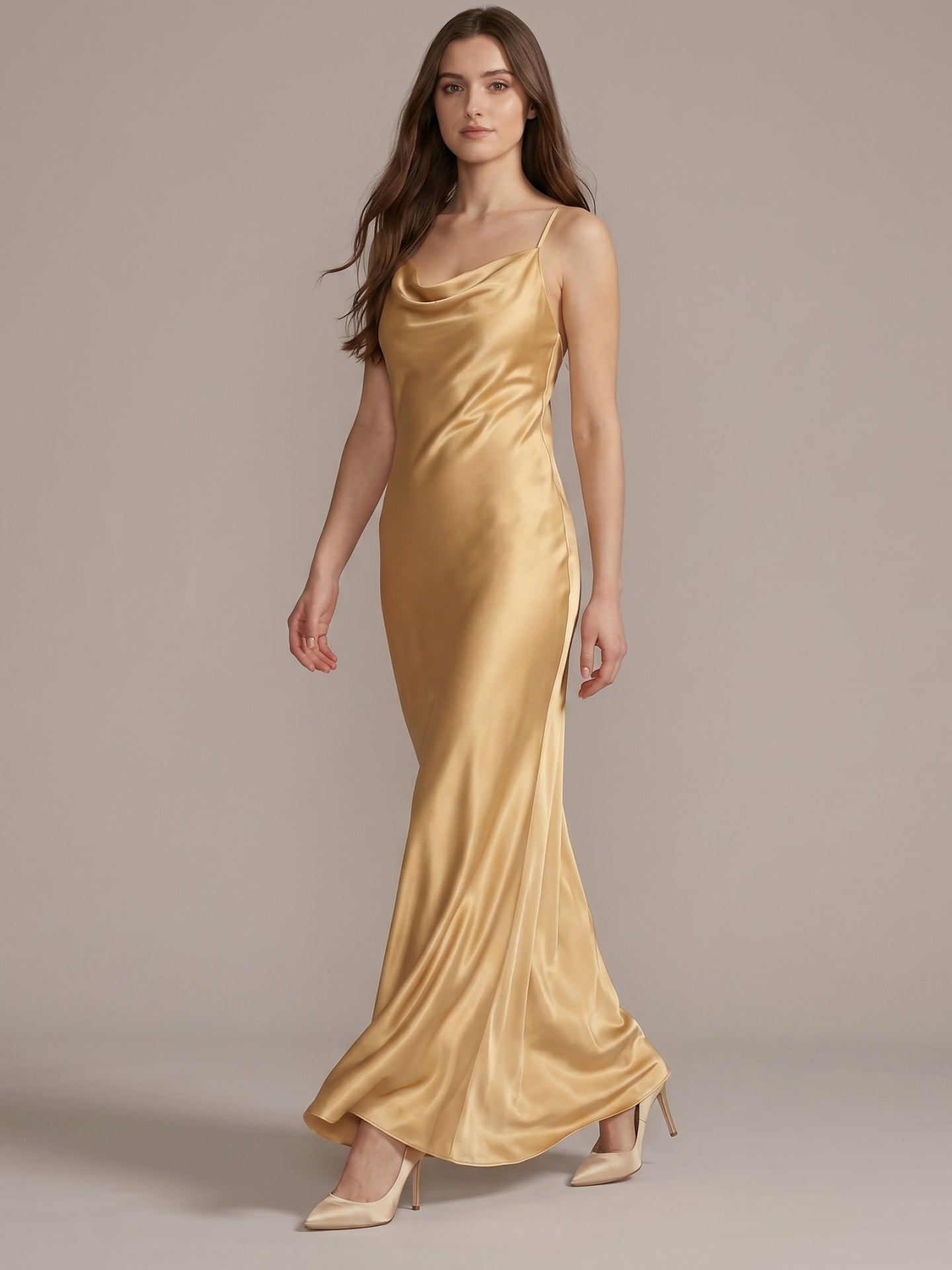 Gold Satin Sheath Square Neck Backless Floor-Length Bridesmaid Dress