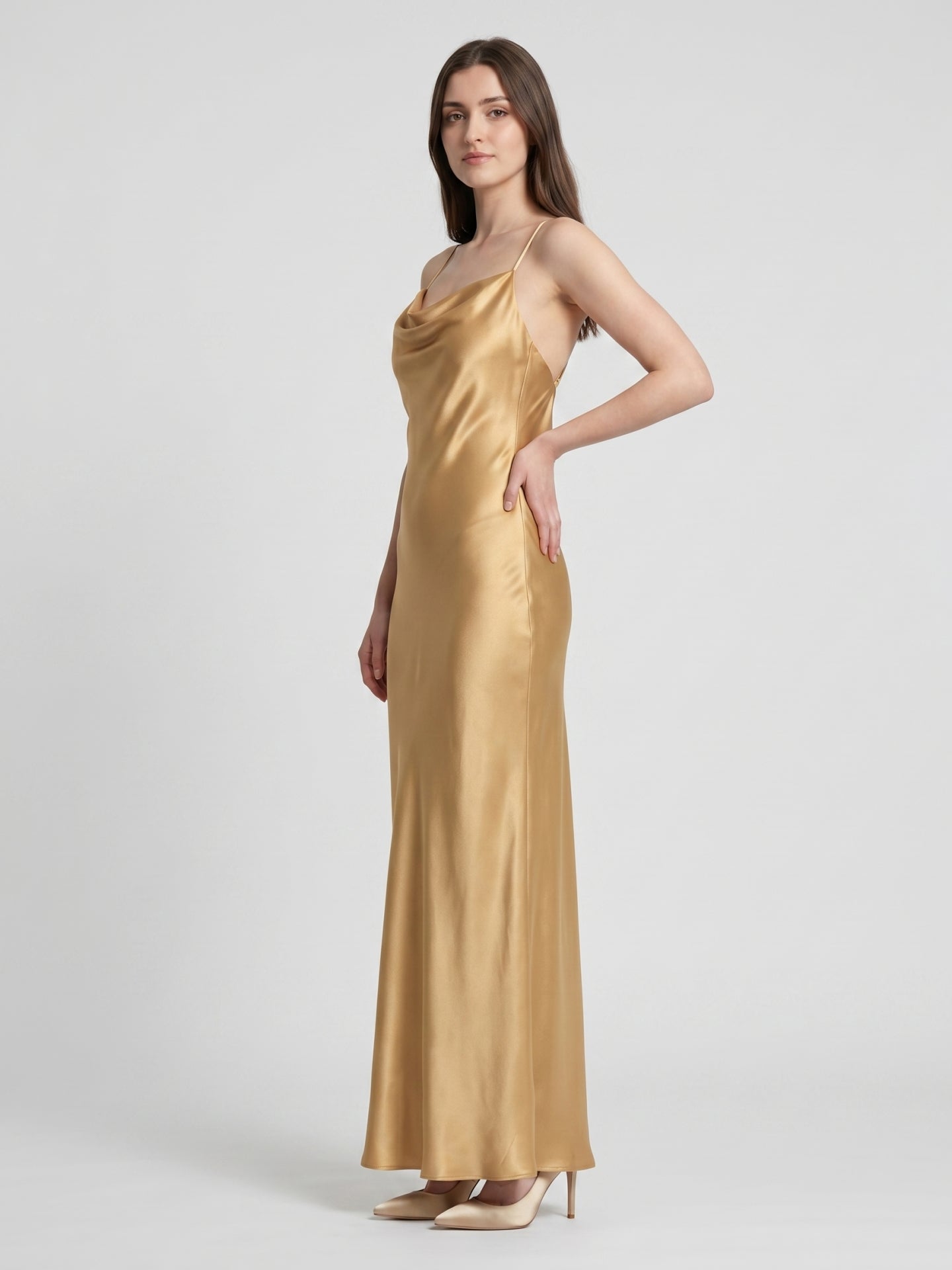 Gold Satin Sheath Square Neck Backless Floor-Length Bridesmaid Dress