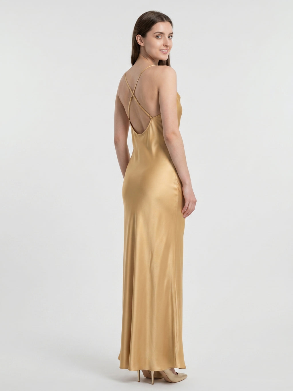 Gold Satin Sheath Square Neck Backless Floor-Length Bridesmaid Dress