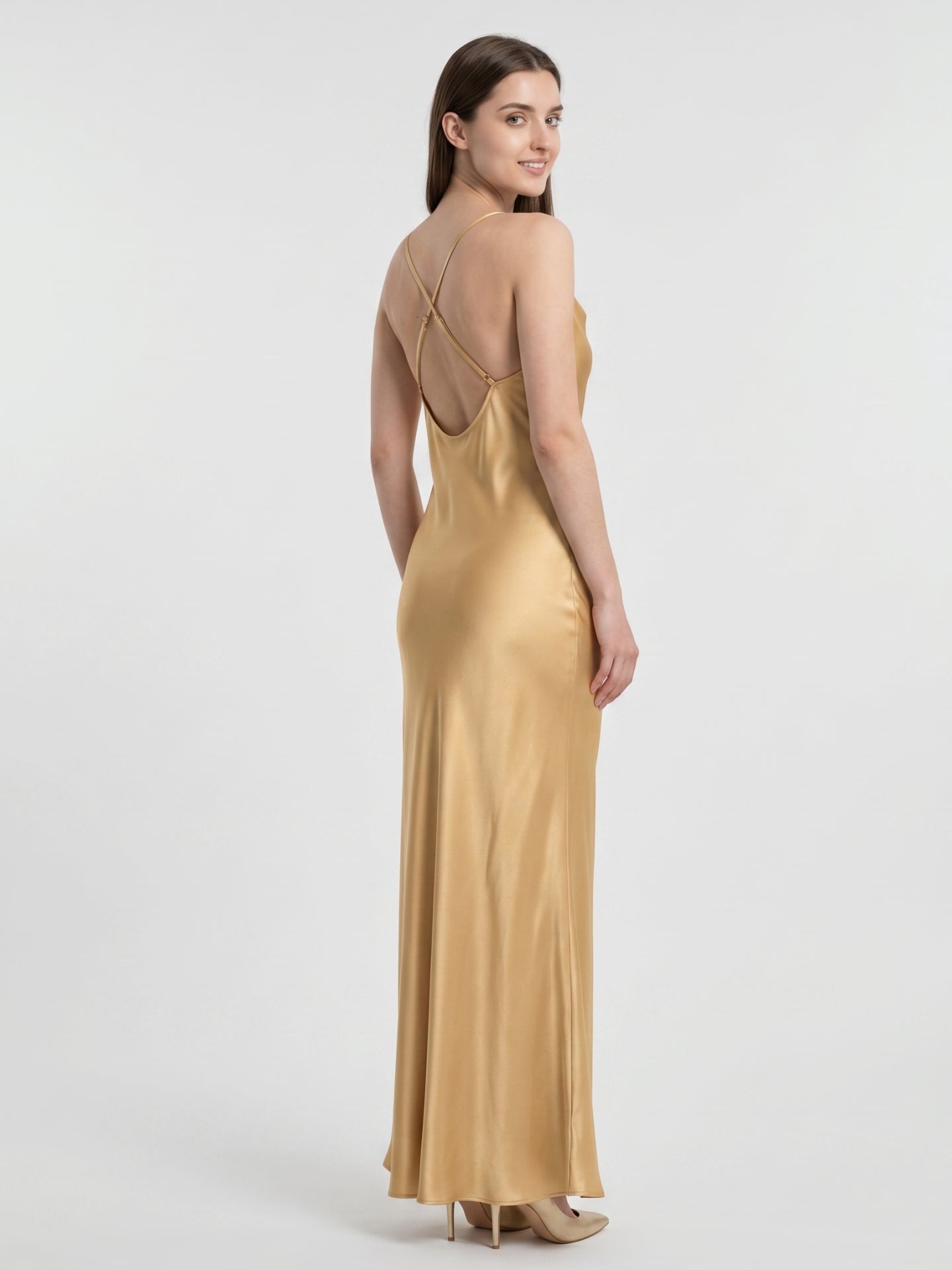 Gold Satin Sheath Square Neck Backless Floor-Length Bridesmaid Dress