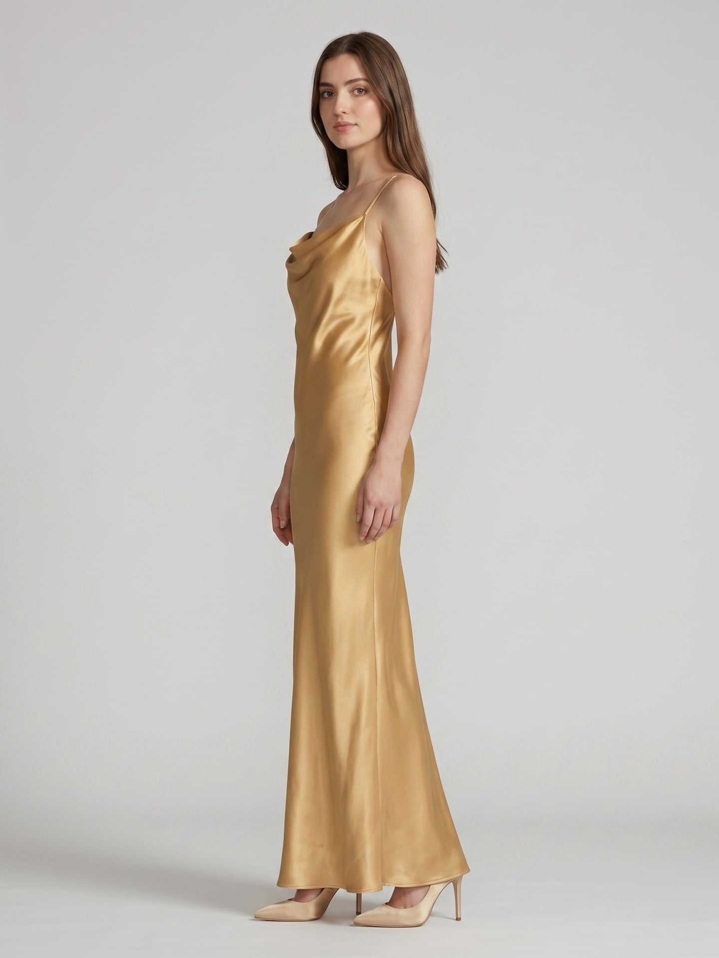 Gold Satin Sheath Square Neck Backless Floor-Length Bridesmaid Dress