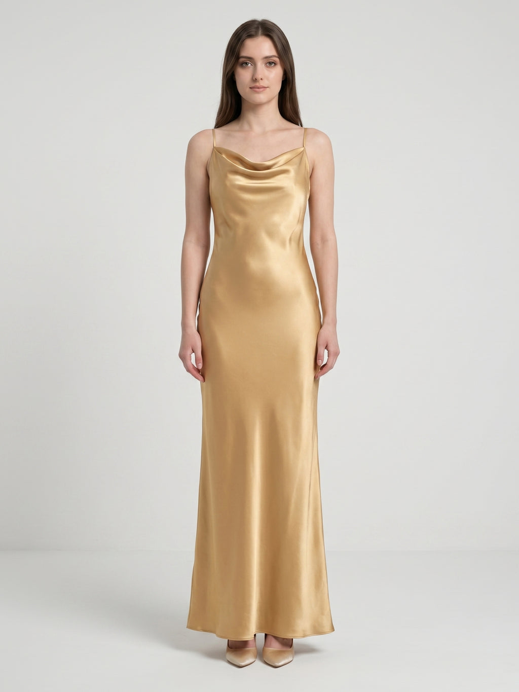Gold Satin Sheath Square Neck Backless Floor-Length Bridesmaid Dress