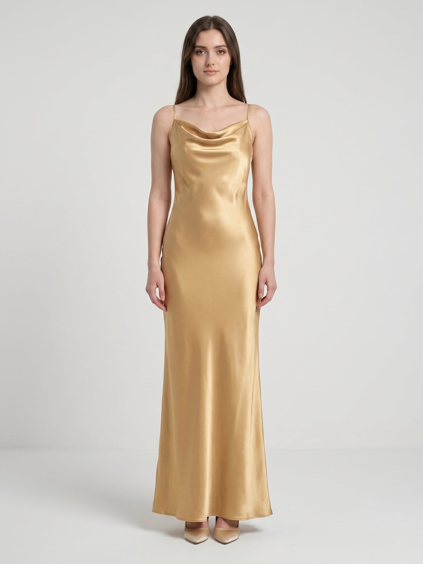 Gold Satin Sheath Square Neck Backless Floor-Length Bridesmaid Dress