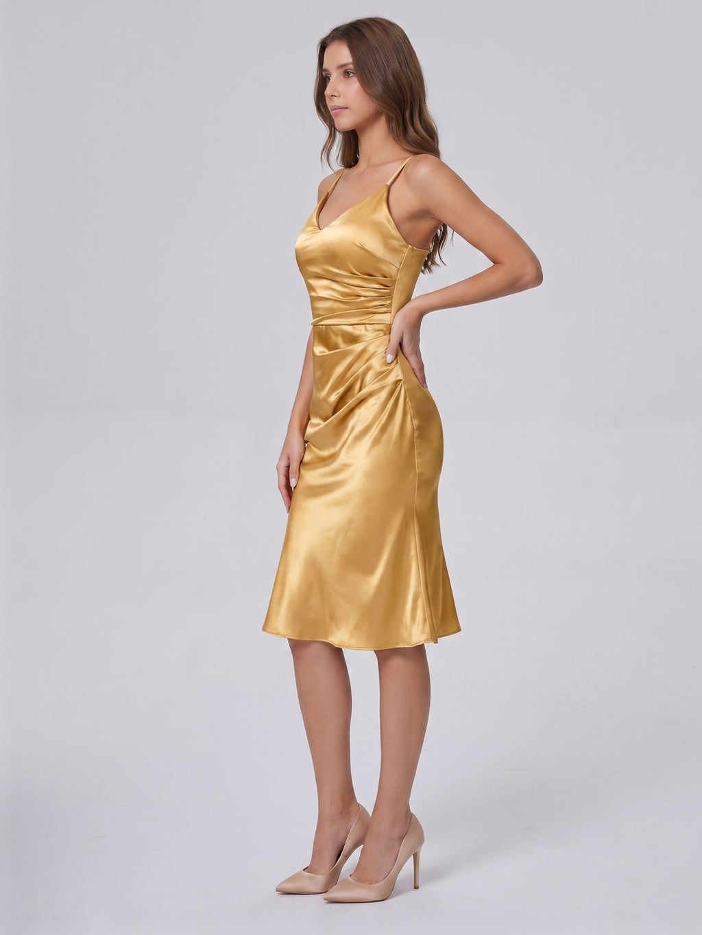 Gold Satin Sheath V-Neck Back Zip Knee-Length Bridesmaid Dress with Pleats