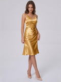 Gold Satin Sheath V-Neck Back Zip Knee-Length Bridesmaid Dress with Pleats