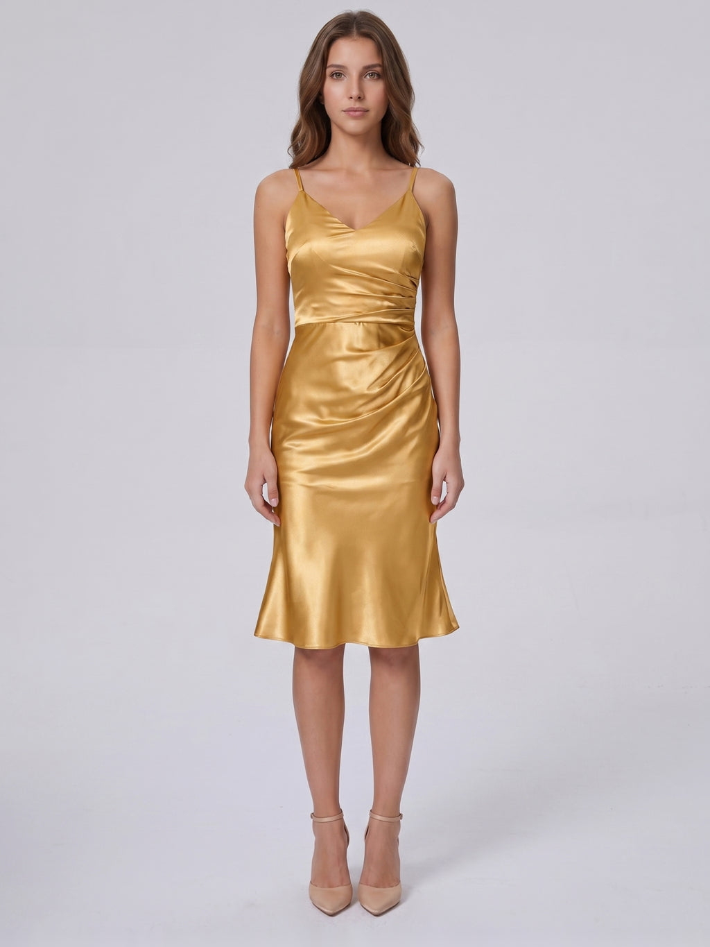 Gold Satin Sheath V-Neck Back Zip Knee-Length Bridesmaid Dress with Pleats