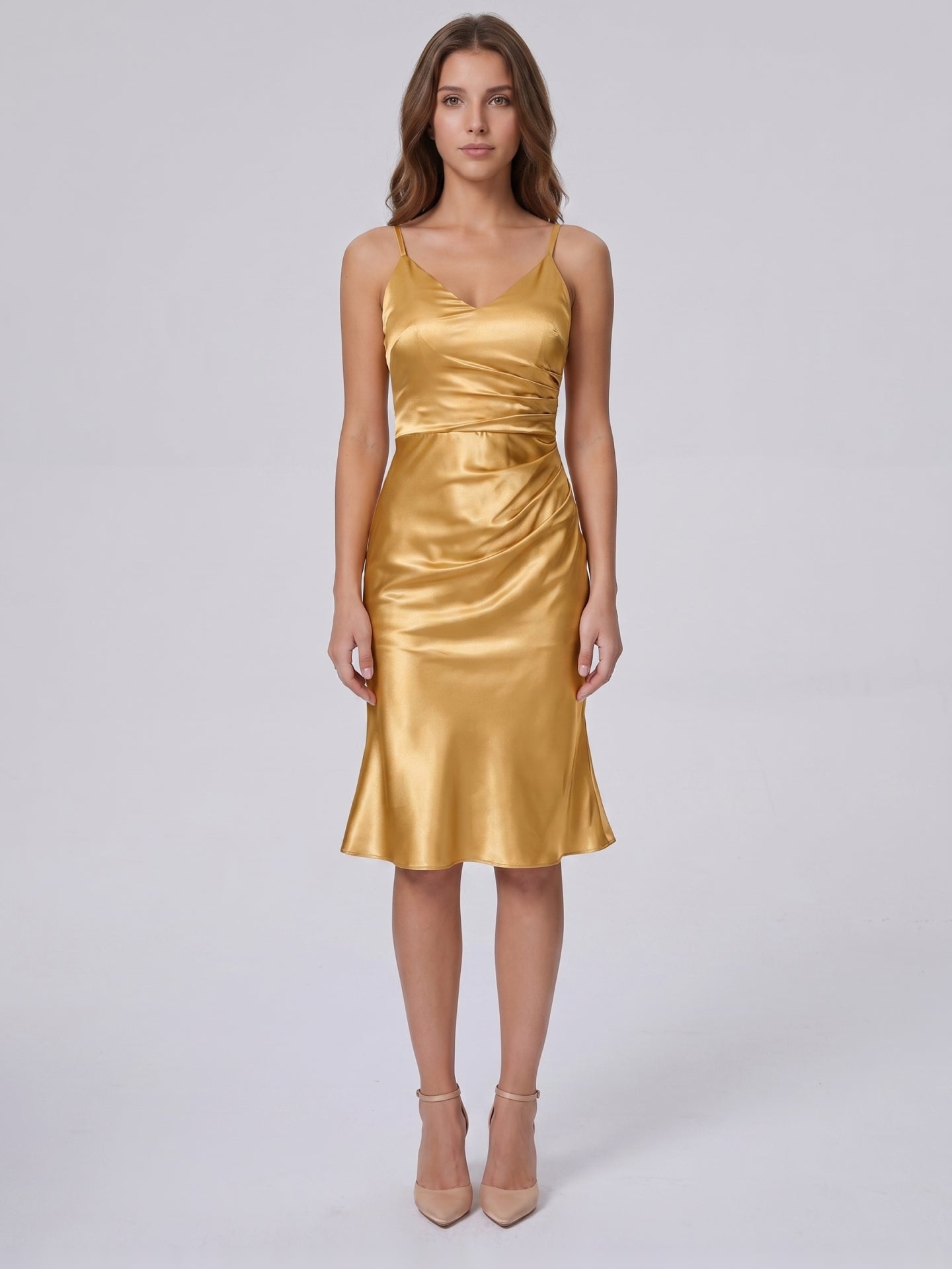 Gold Satin Sheath V-Neck Back Zip Knee-Length Bridesmaid Dress with Pleats