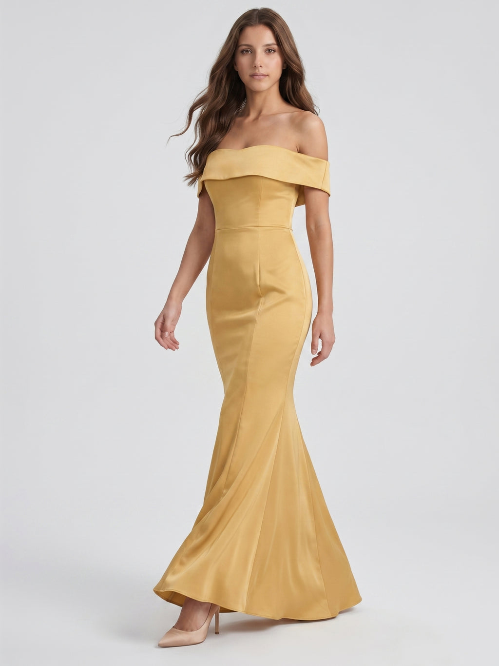 Gold Satin Trumpet Off-the-Shoulder Floor-Length Bridesmaid Dress