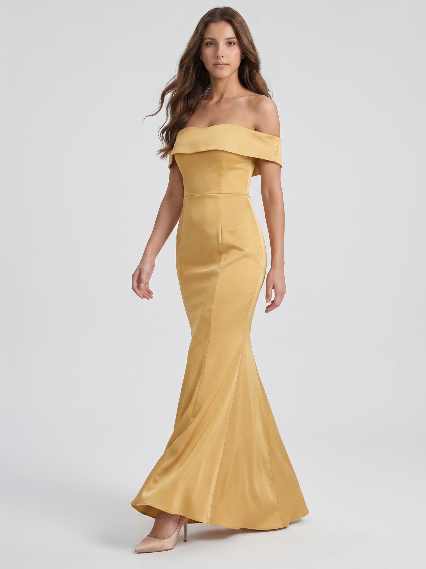 Gold Satin Trumpet Off-the-Shoulder Floor-Length Bridesmaid Dress