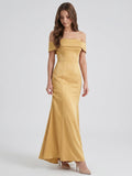Gold Satin Trumpet Off-the-Shoulder Floor-Length Bridesmaid Dress