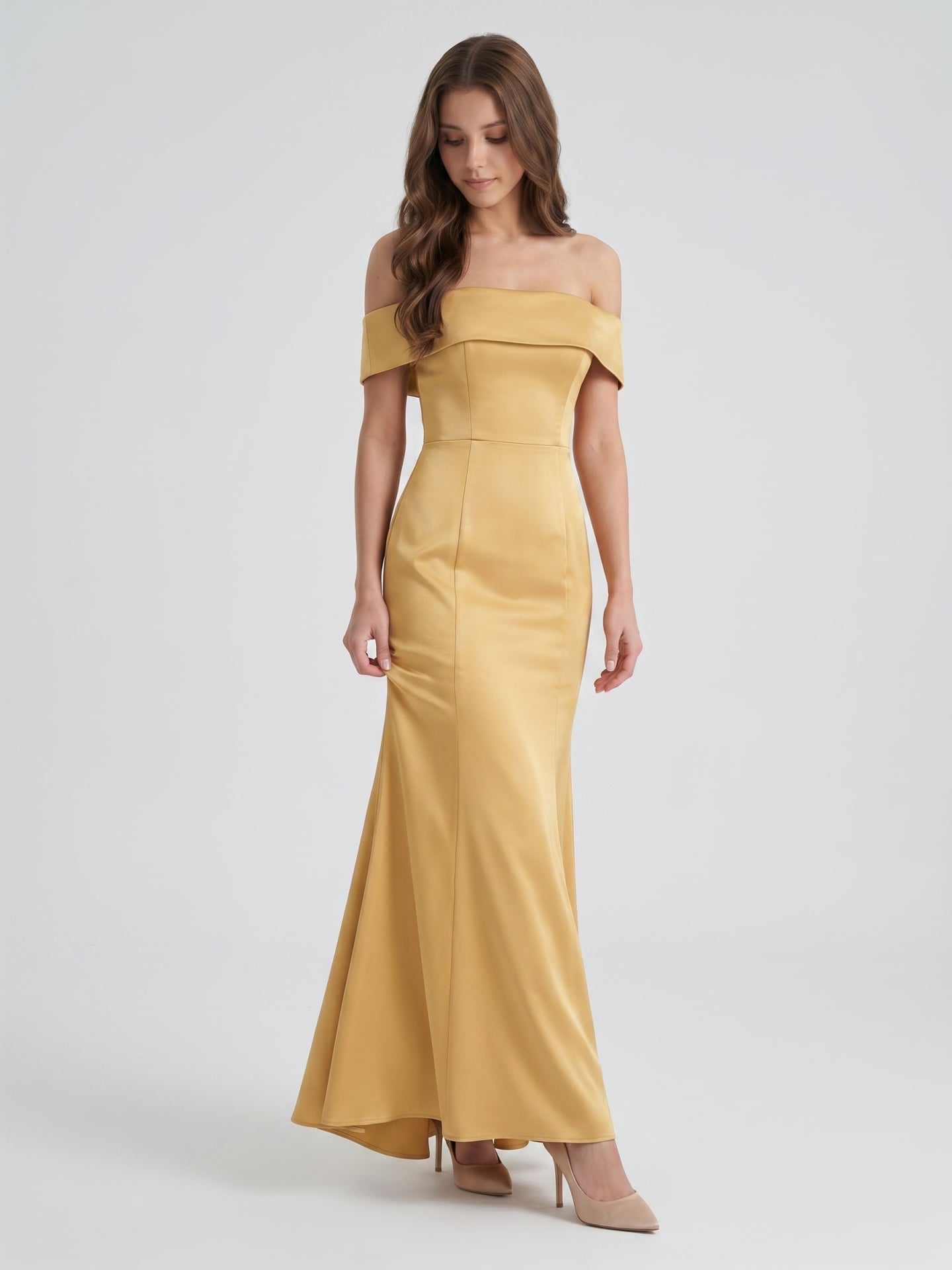 Gold Satin Trumpet Off-the-Shoulder Floor-Length Bridesmaid Dress