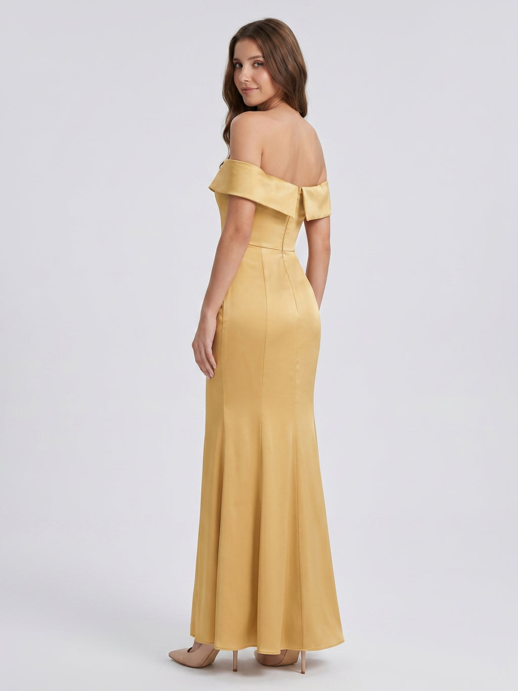 Gold Satin Trumpet Off-the-Shoulder Floor-Length Bridesmaid Dress