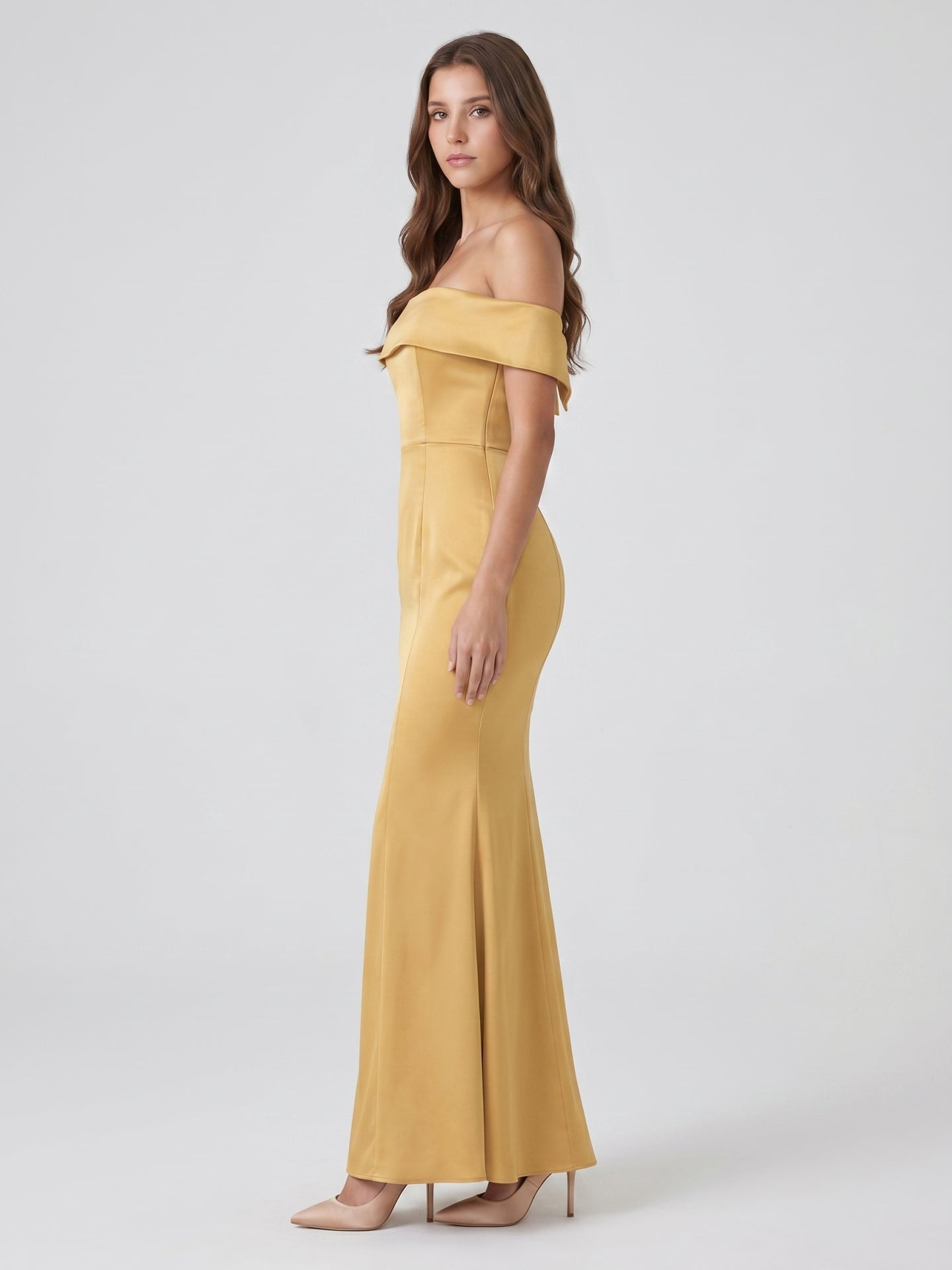 Gold Satin Trumpet Off-the-Shoulder Floor-Length Bridesmaid Dress