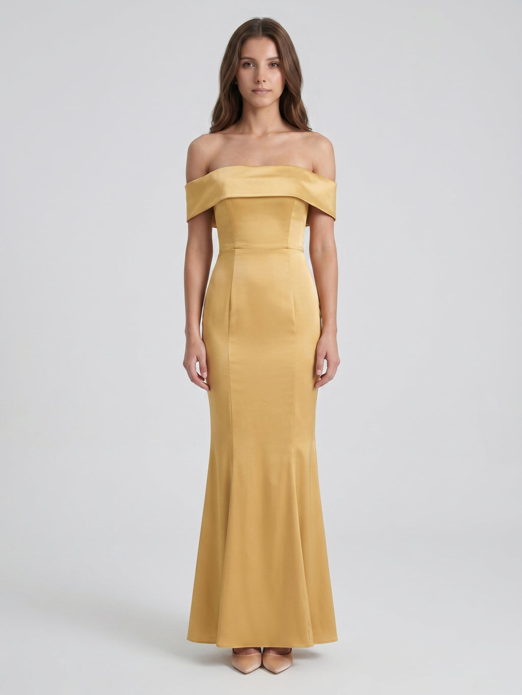 Gold Satin Trumpet Off-the-Shoulder Floor-Length Bridesmaid Dress