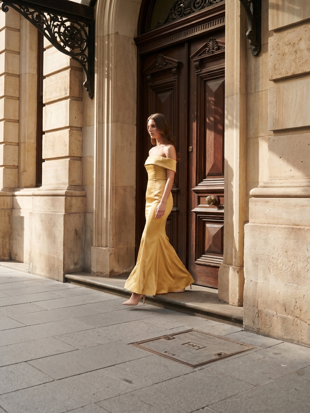 Gold Satin Trumpet Off-the-Shoulder Floor-Length Bridesmaid Dress